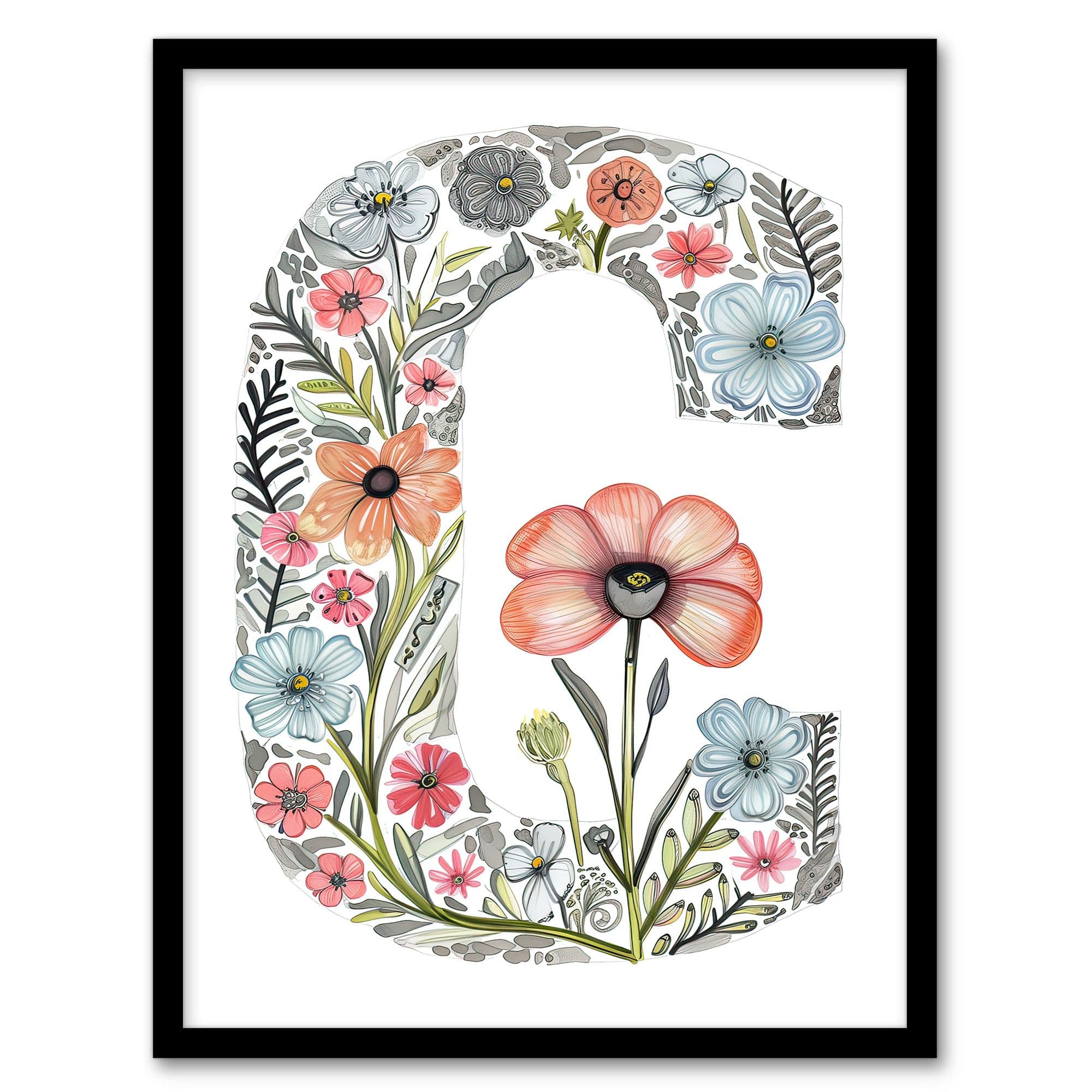 Wall Art Print Letter C Flowers Watercolour Poppy Nature Floral Word Art Framed A4