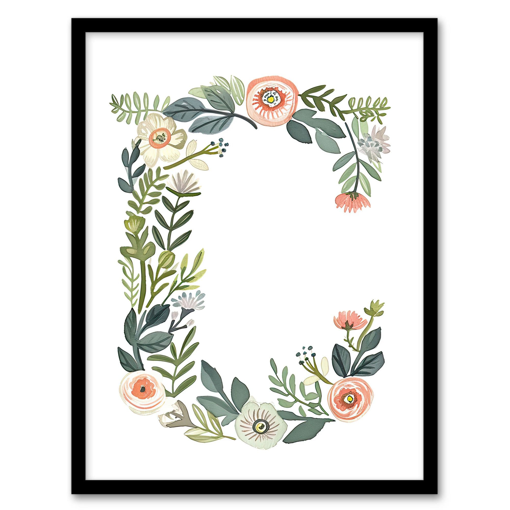 Artery8 Women's Wall Art Print Letter C in Simple Watercolour Flowers Leaves Floral Word Art Framed | Size: W12" x H16"