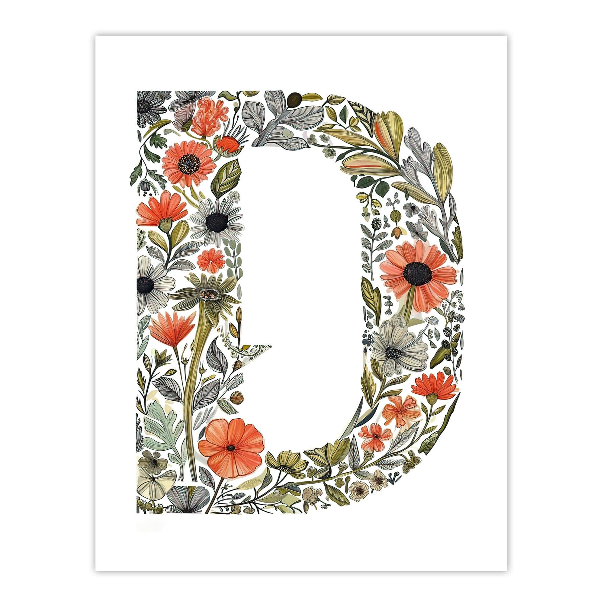 Artery8 Women's Wall Art Print Letter D in Watercolour Wildflowers Poppy Pencil Floral Word Art For Her Poster | Size: W24" x H32"