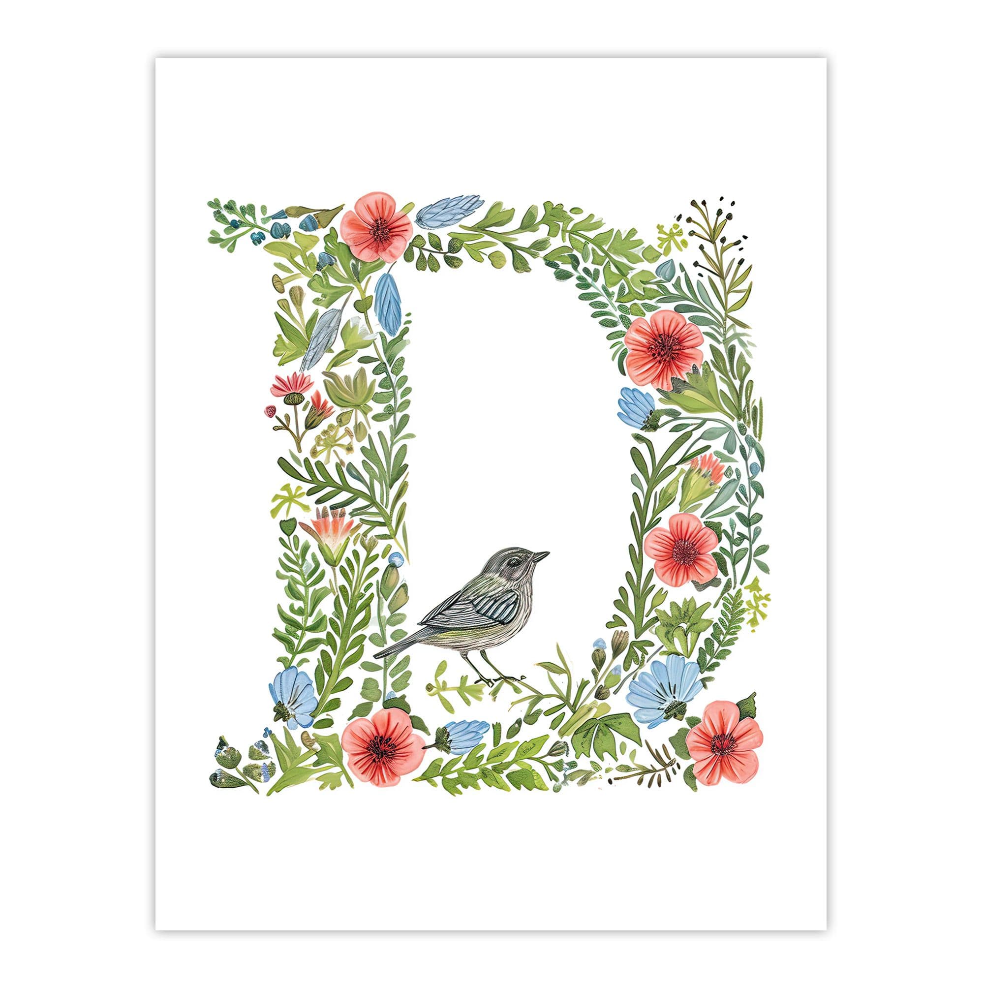 Wall Art Print Letter D Flowers Bird Garden Watercolour Floral Word Art Her Poster W24" x H32"