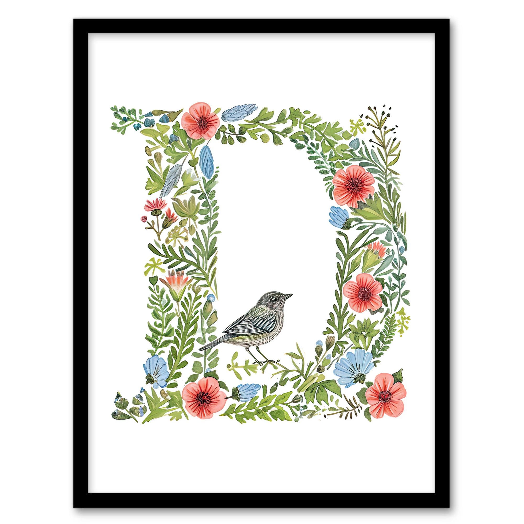 Artery8 Women's Wall Art Print Letter D in Flowers with Bird Garden Watercolour Floral Word Art Framed | Size: W12" x H16"