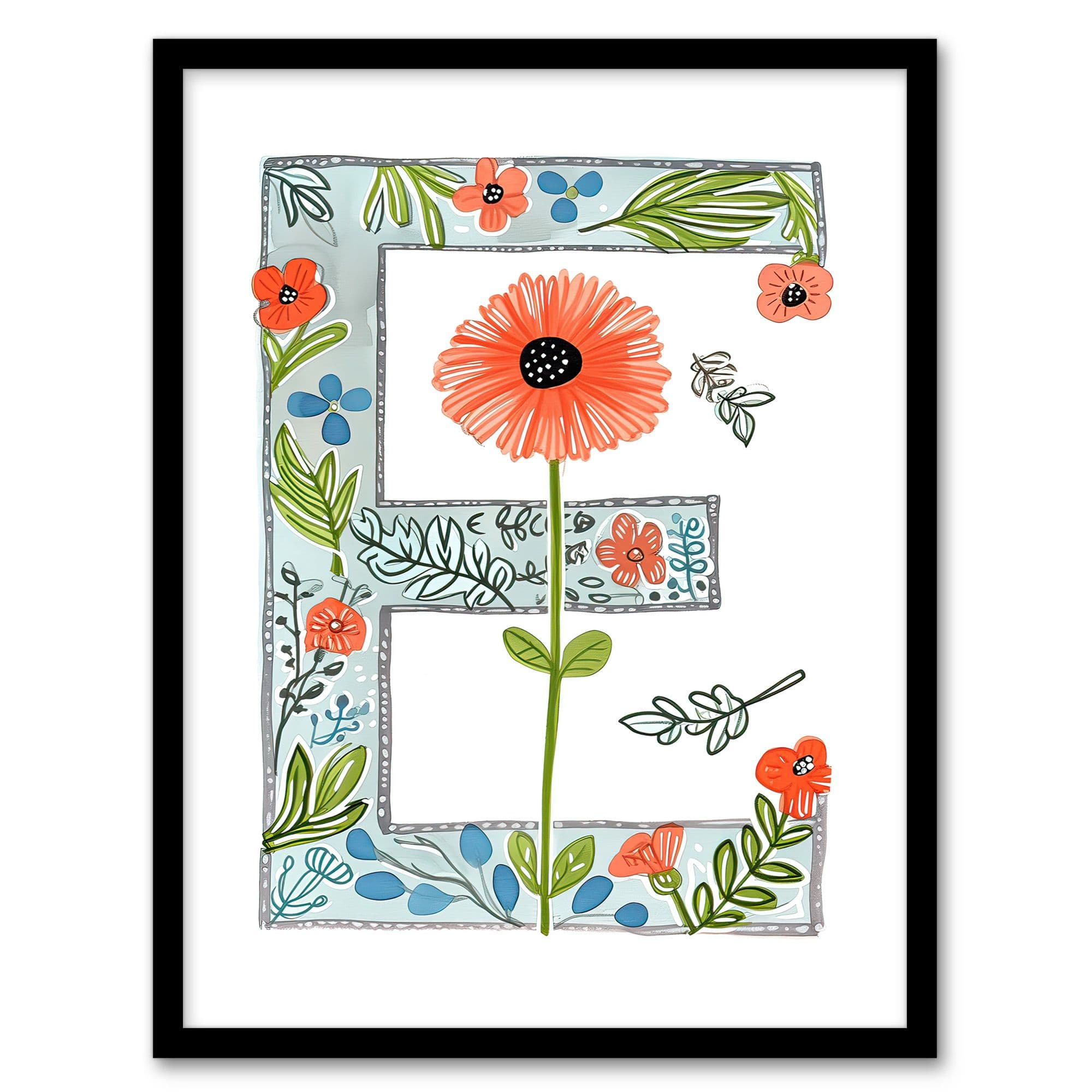 Wall Art Print Letter E Watercolour Poppies & Wildflowers Floral Word Art Framed A4