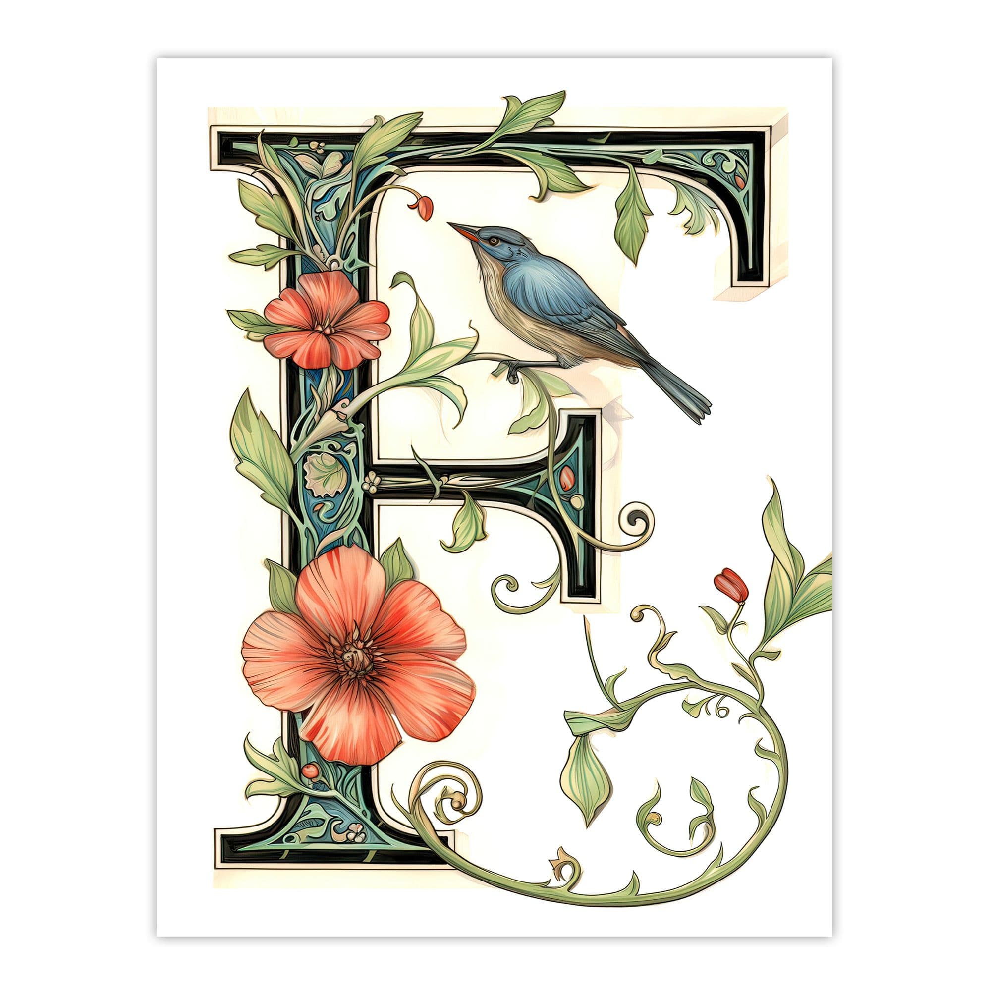 Wall Art Print Letter F Calligraphy Watercolour Bird Flowers Floral Word Art Her Poster W12" x H16"