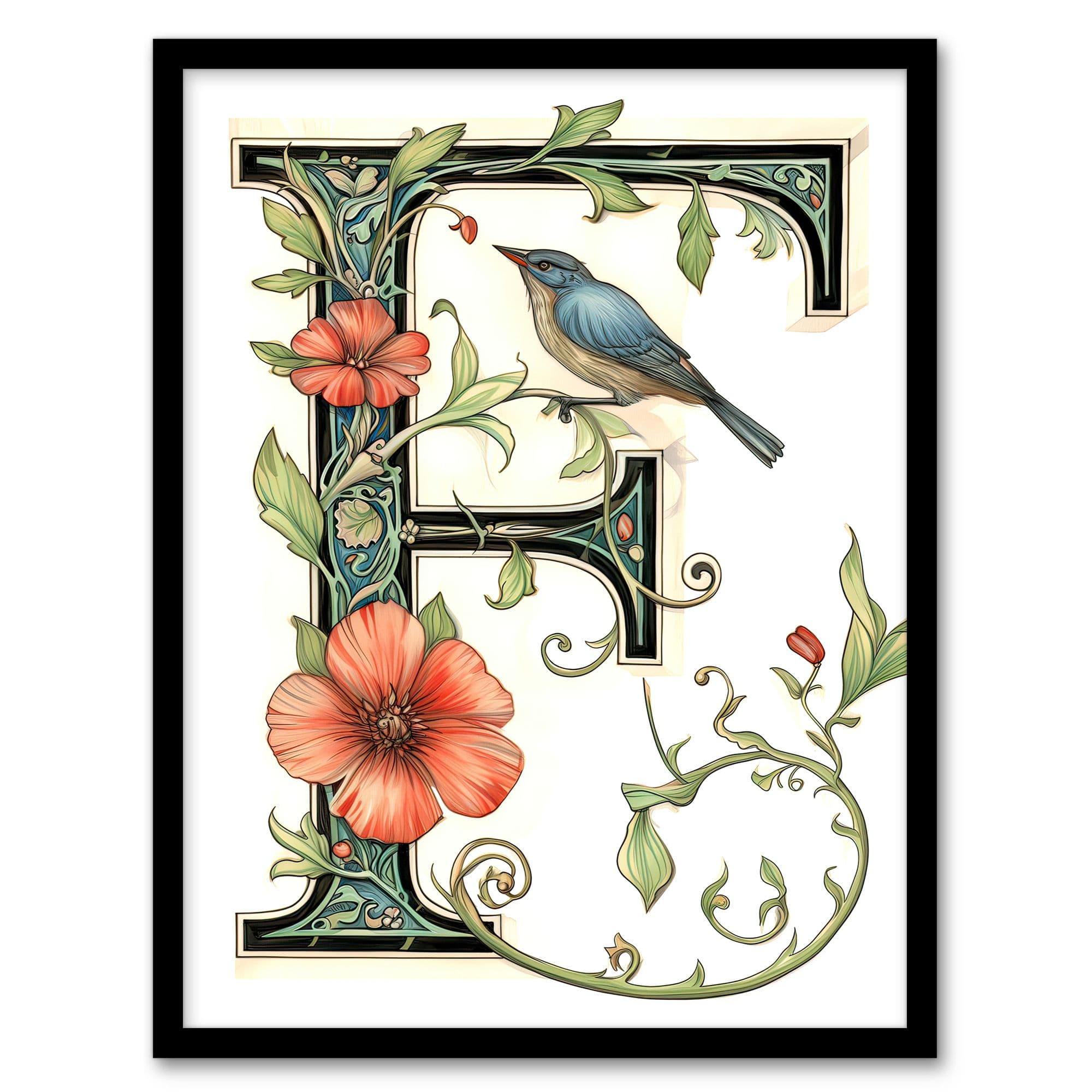 Wall Art Print Letter F Calligraphy Watercolour Bird Flowers Floral Word Art Framed A4