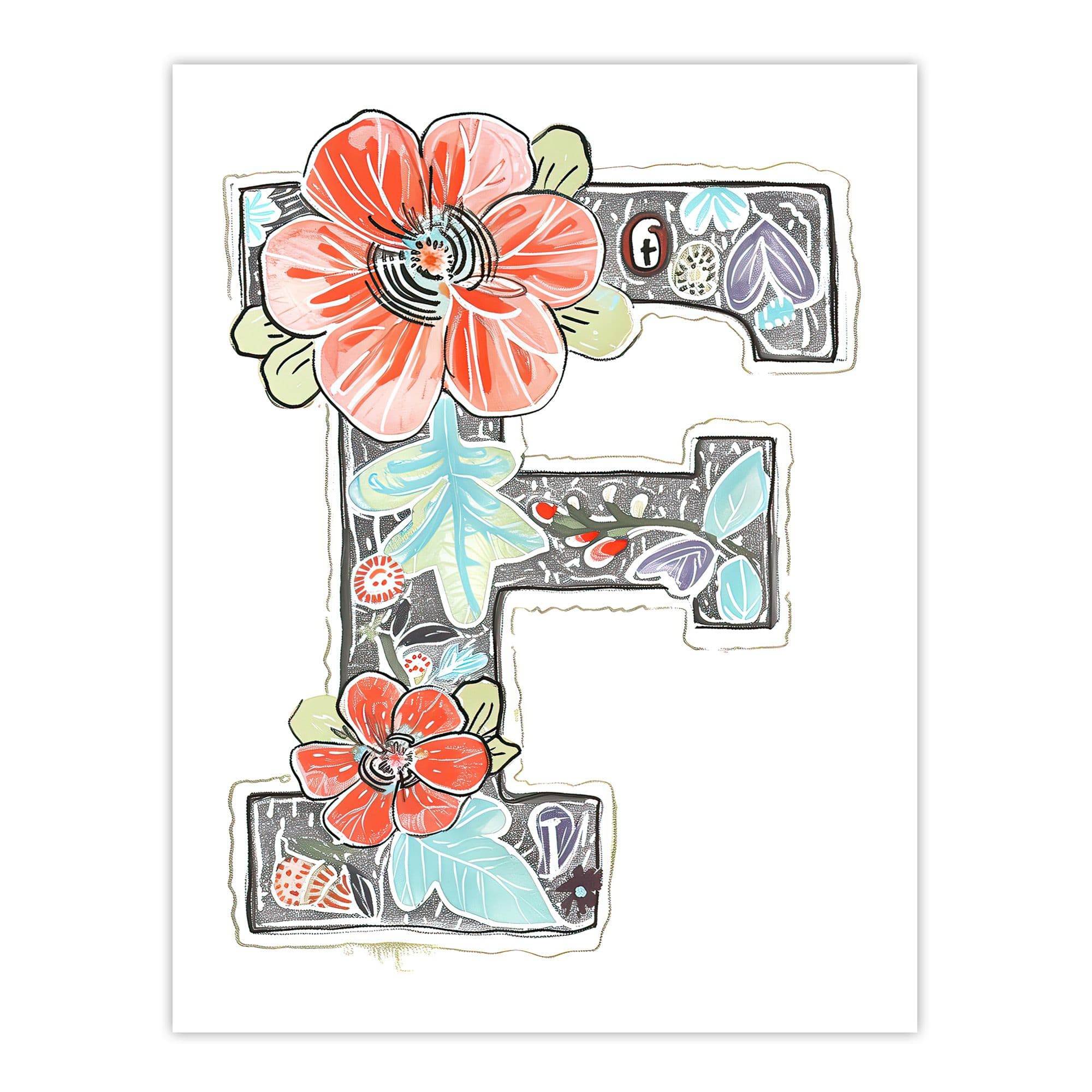 Wall Art Print Letter F Flowers Simple Pencil Watercolour Floral Word Art Her Poster W24" x H32"