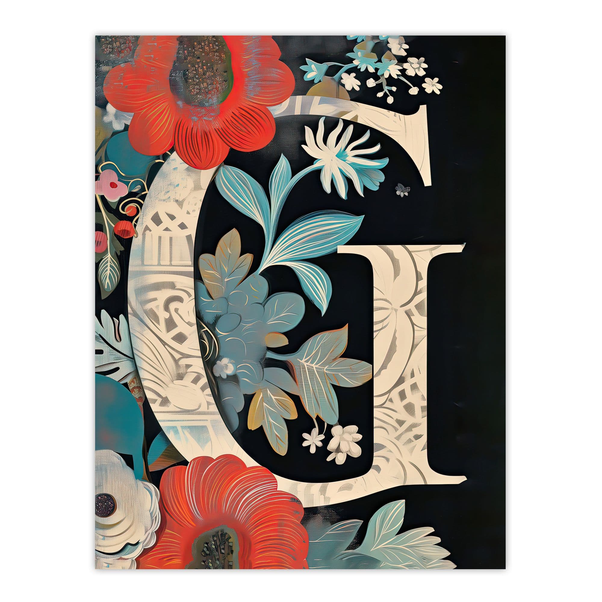 Wall Art Print Letter G Abstract Flowers Painting Foliage Floral Word Art Her Poster W24" x H32"