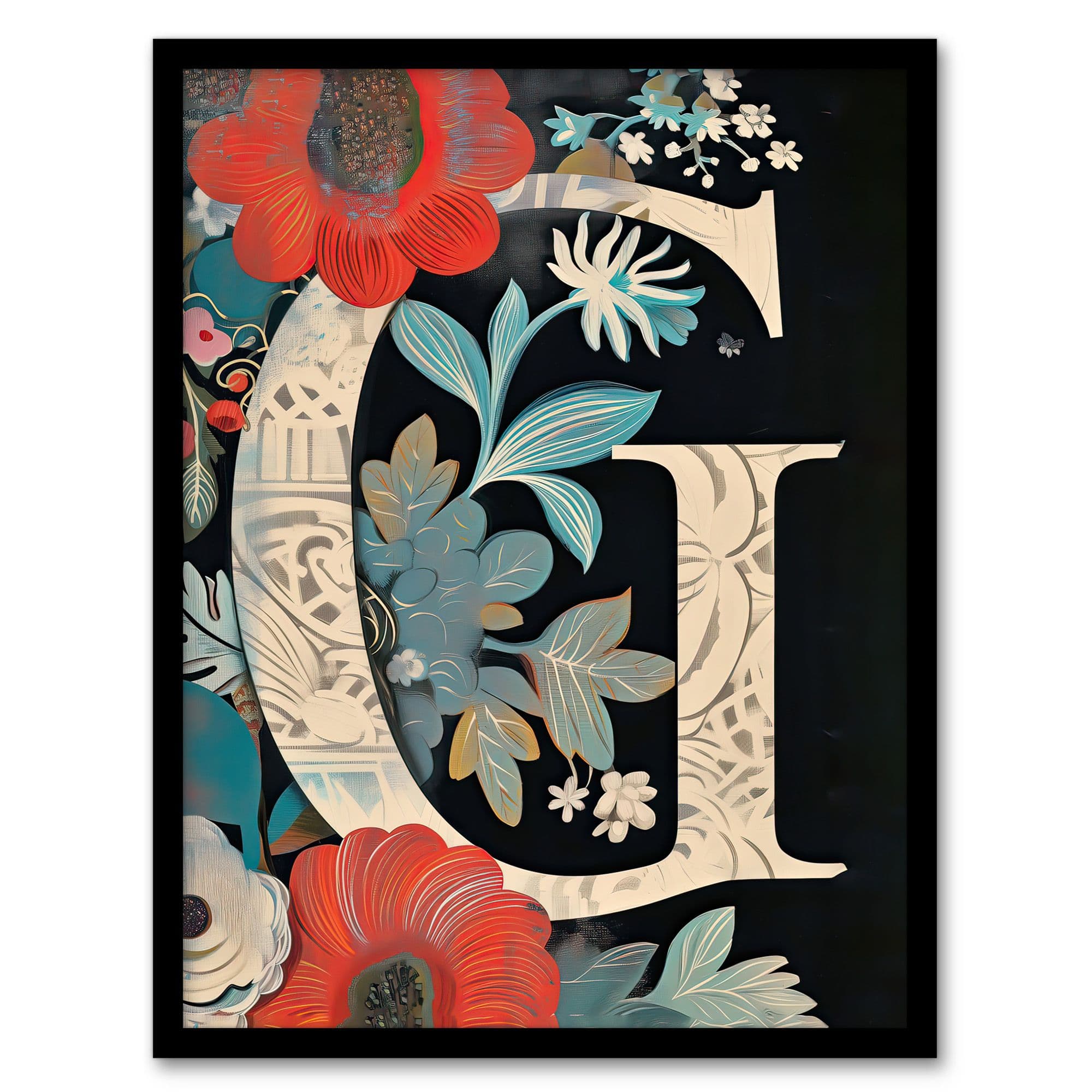 Artery8 Women's Wall Art Print Letter G with Abstract Flowers Painting Foliage Floral Word Art Framed | Size: A4
