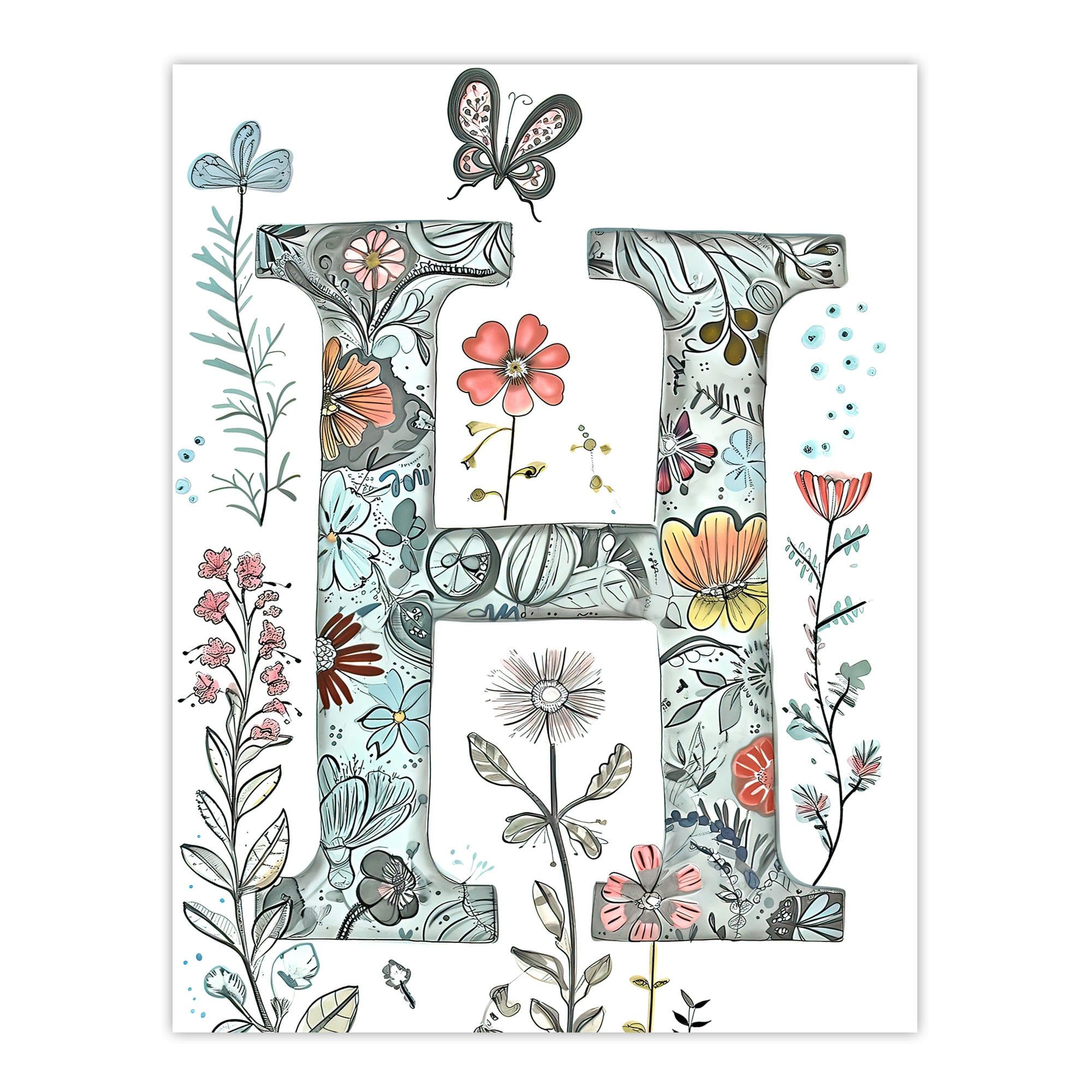 Artery8 Women's Wall Art Print Letter H Wildflower Garden Watercolour Butterfly Floral Word Art For Her Poster | Size: W12" x H16"