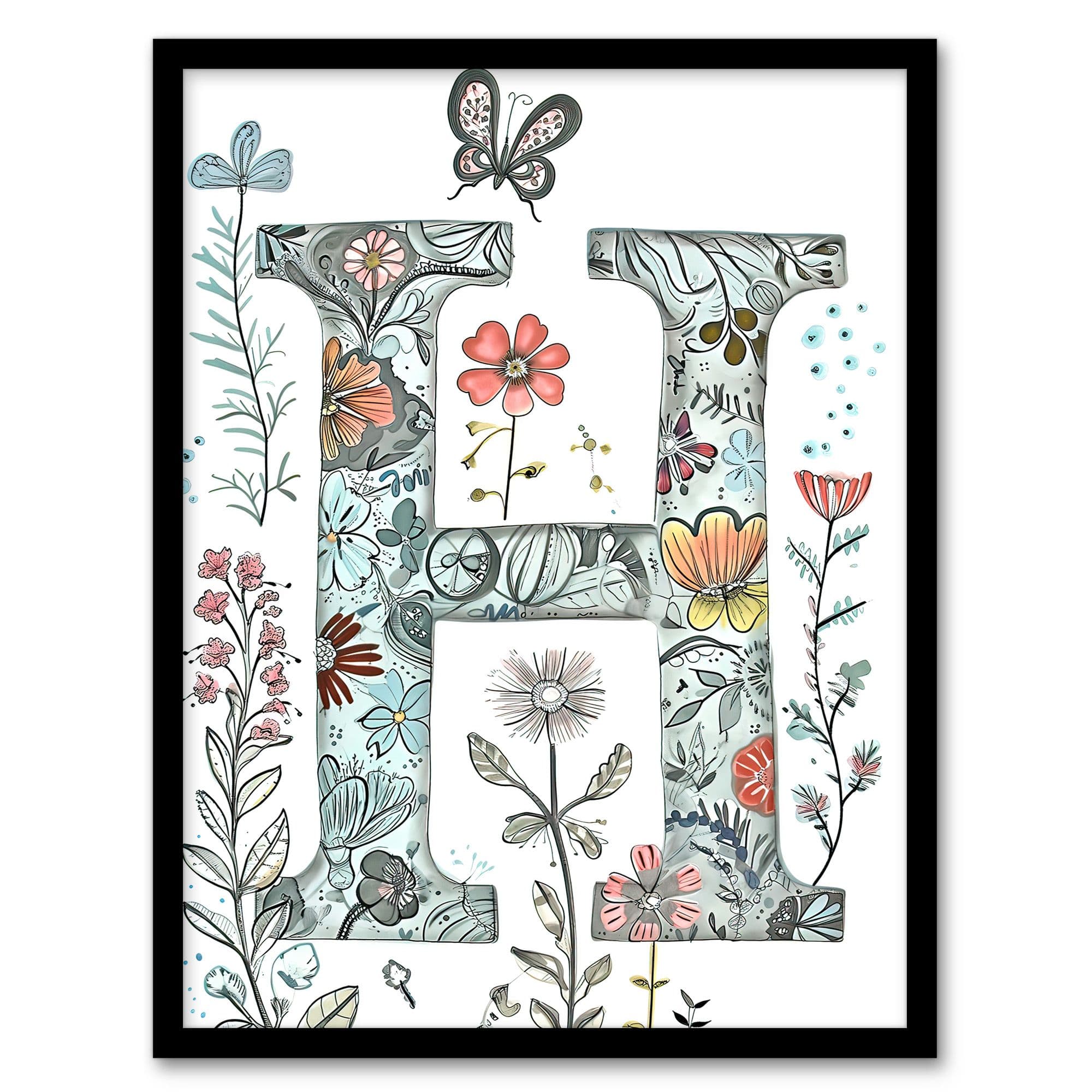 Artery8 Women's Wall Art Print Letter H Wildflower Garden Watercolour Butterfly Floral Word Art Framed | Size: A4