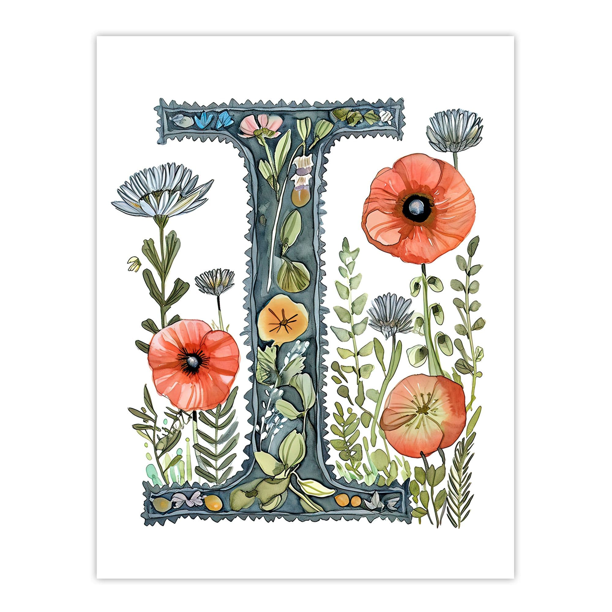 Wall Art Print Letter I Watercolour Wildflowers Poppy Bouquet Floral Word Art Her Poster W12" x H16"