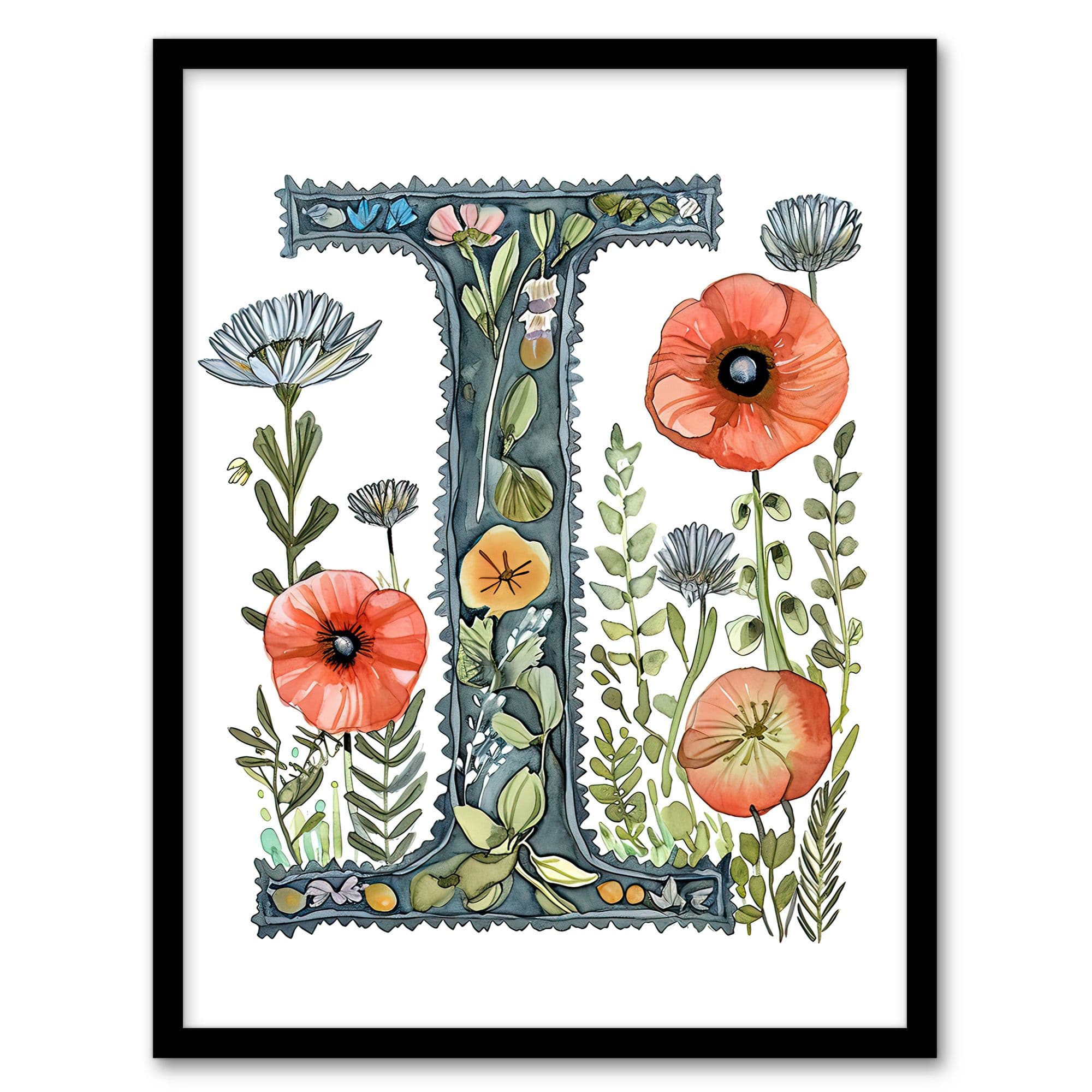 Wall Art Print Letter I Watercolour Wildflowers Poppy Bouquet Floral Word Art Framed W12" x H16"