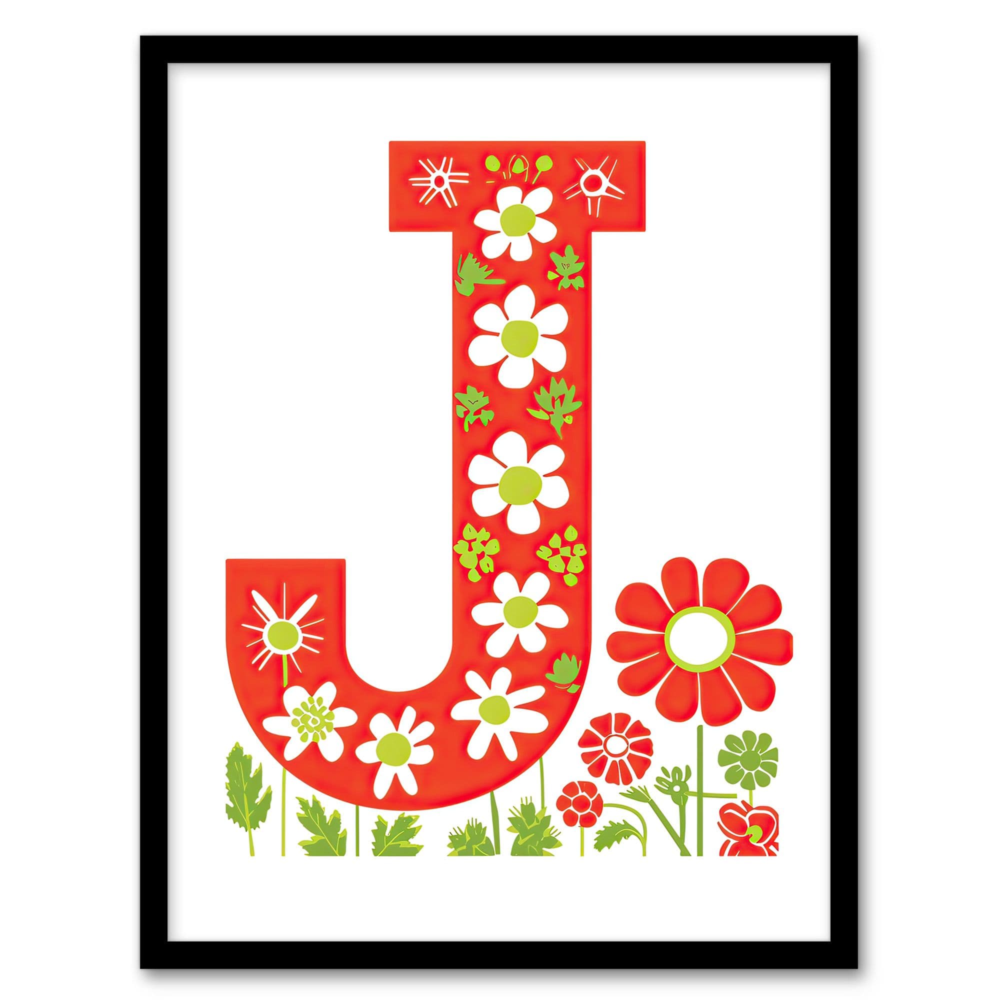 Artery8 Women's Wall Art Print Red Letter J in Simple Flowers Daisy Spring Floral Word Art Framed | Size: A4