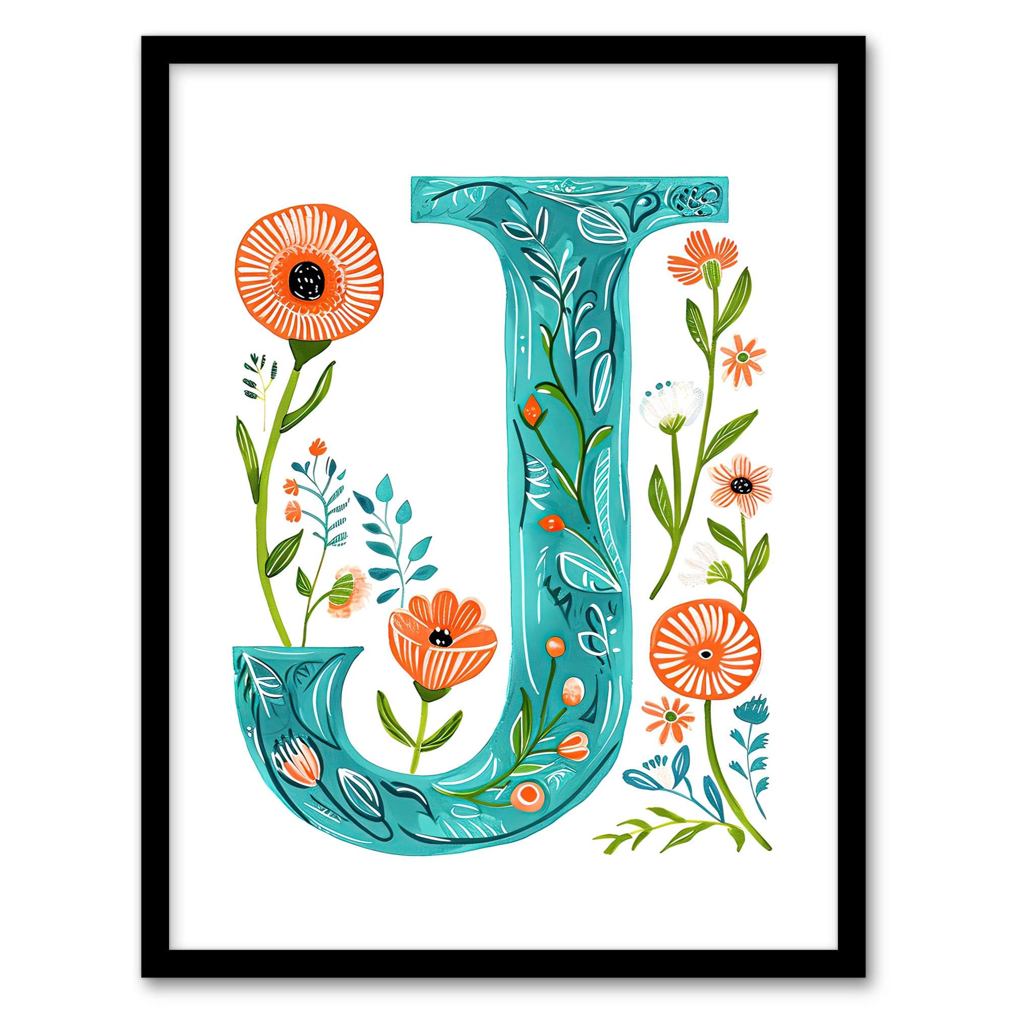 Wall Art Print Letter J Watercolour Wildflowers Poppy Abstract Floral Word Art Framed Poster W12" x H16"