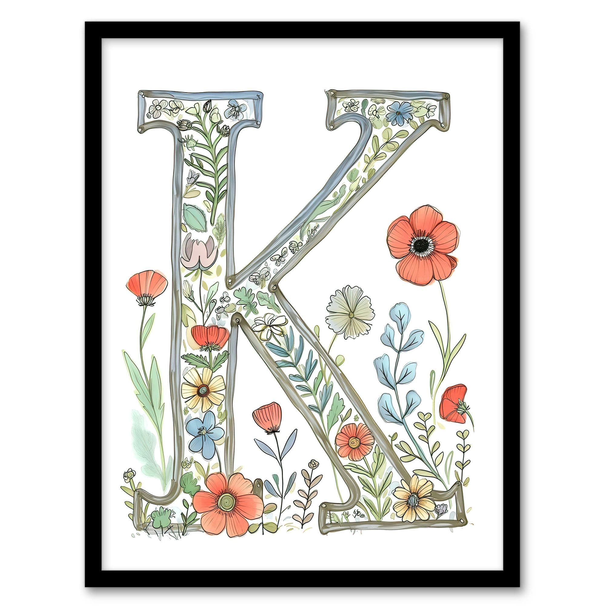 Wall Art Print Letter K Watercolour Wildflowers Delicate Nature Floral Word Art Framed A4