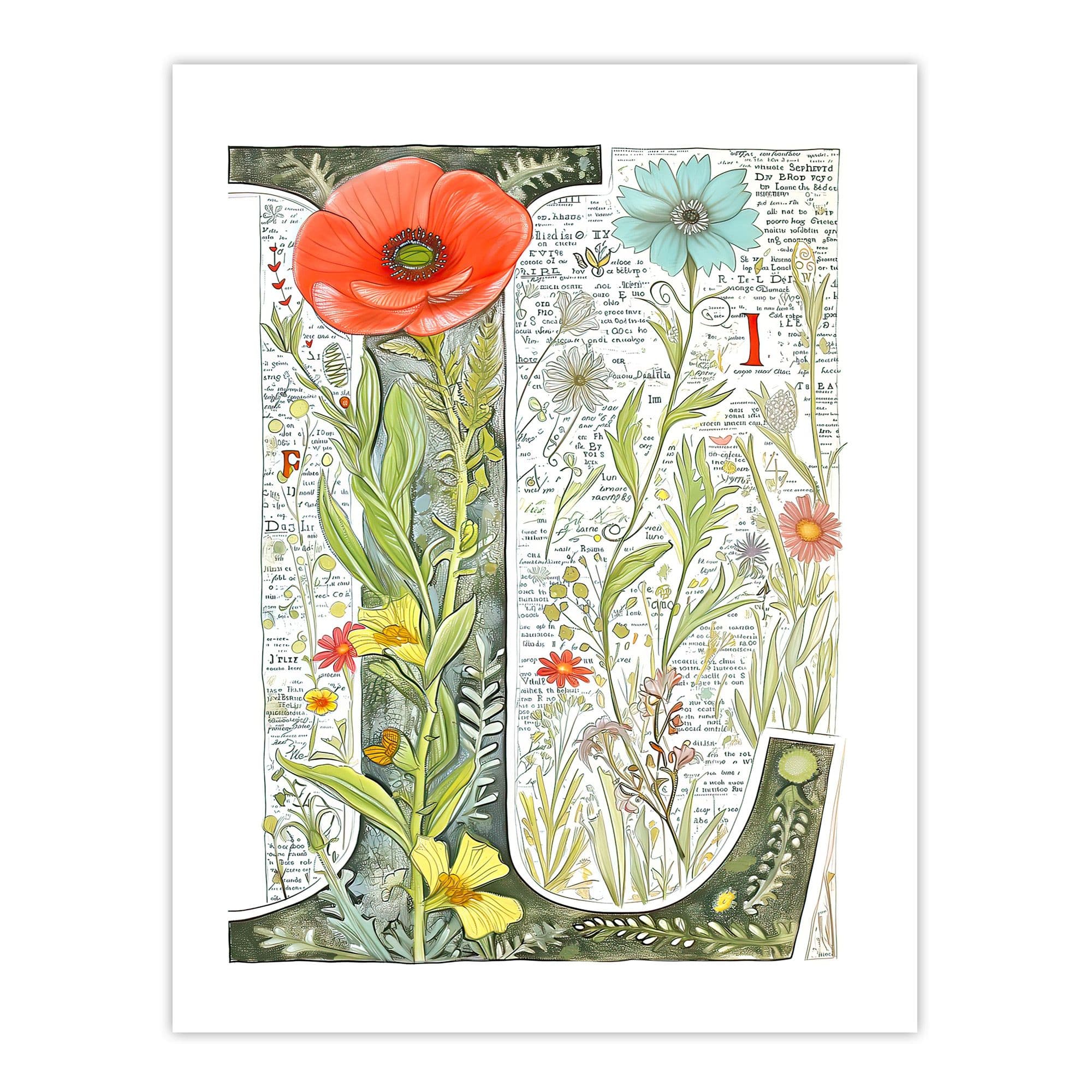 Artery8 Women's Wall Art Print Letter L in Watercolour Flowers Botanical Book Floral Word Art For Her Poster | Size: W12" x H16"