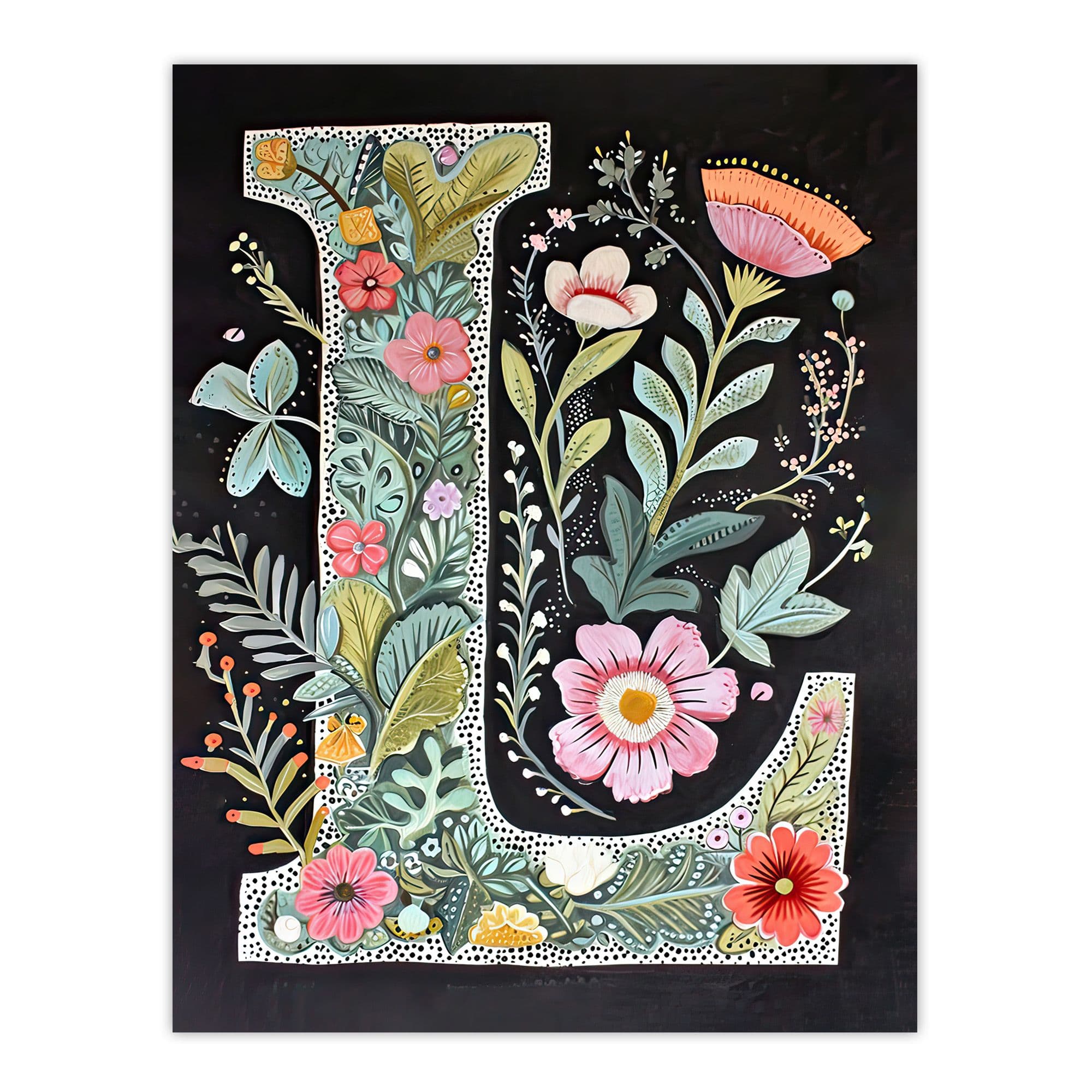 Wall Art Print Letter L Watercolour Wildflowers Colourful Nature Floral Word Art Her Poster W12" x H16"