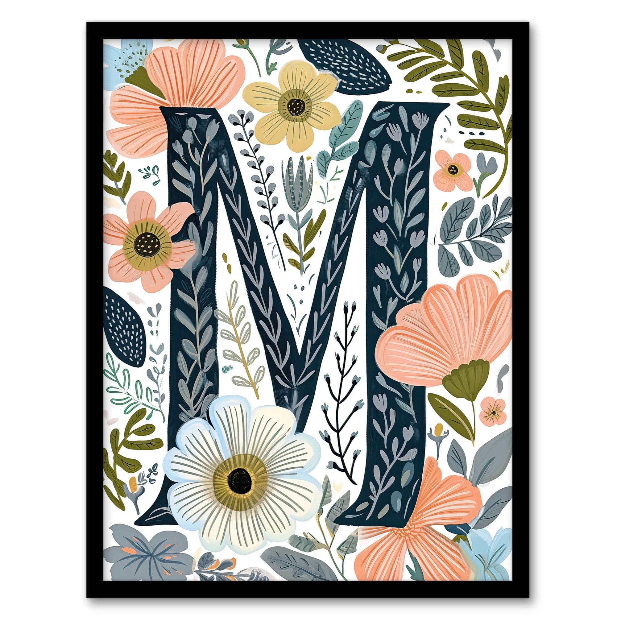 Wall Art Print Letter M Abstract Watercolour Flowers Cute Floral Word Art Framed W12" x H16"