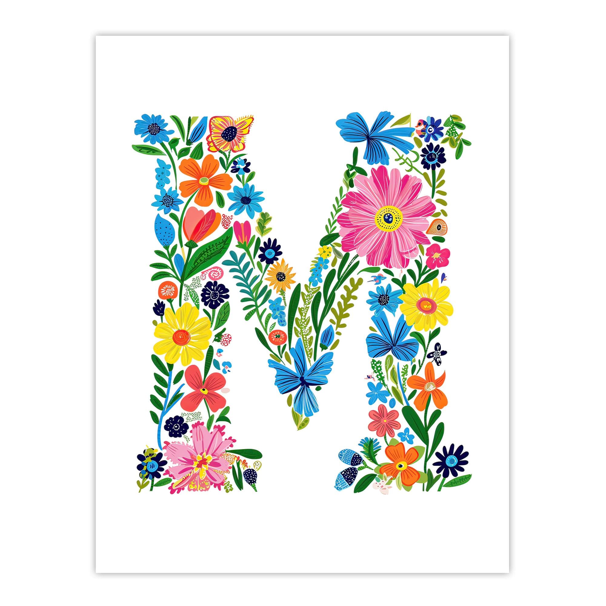 Wall Art Print Letter M Bright Colourful Flowers Spring Garden Floral Word Art Her Poster W12" x H16"