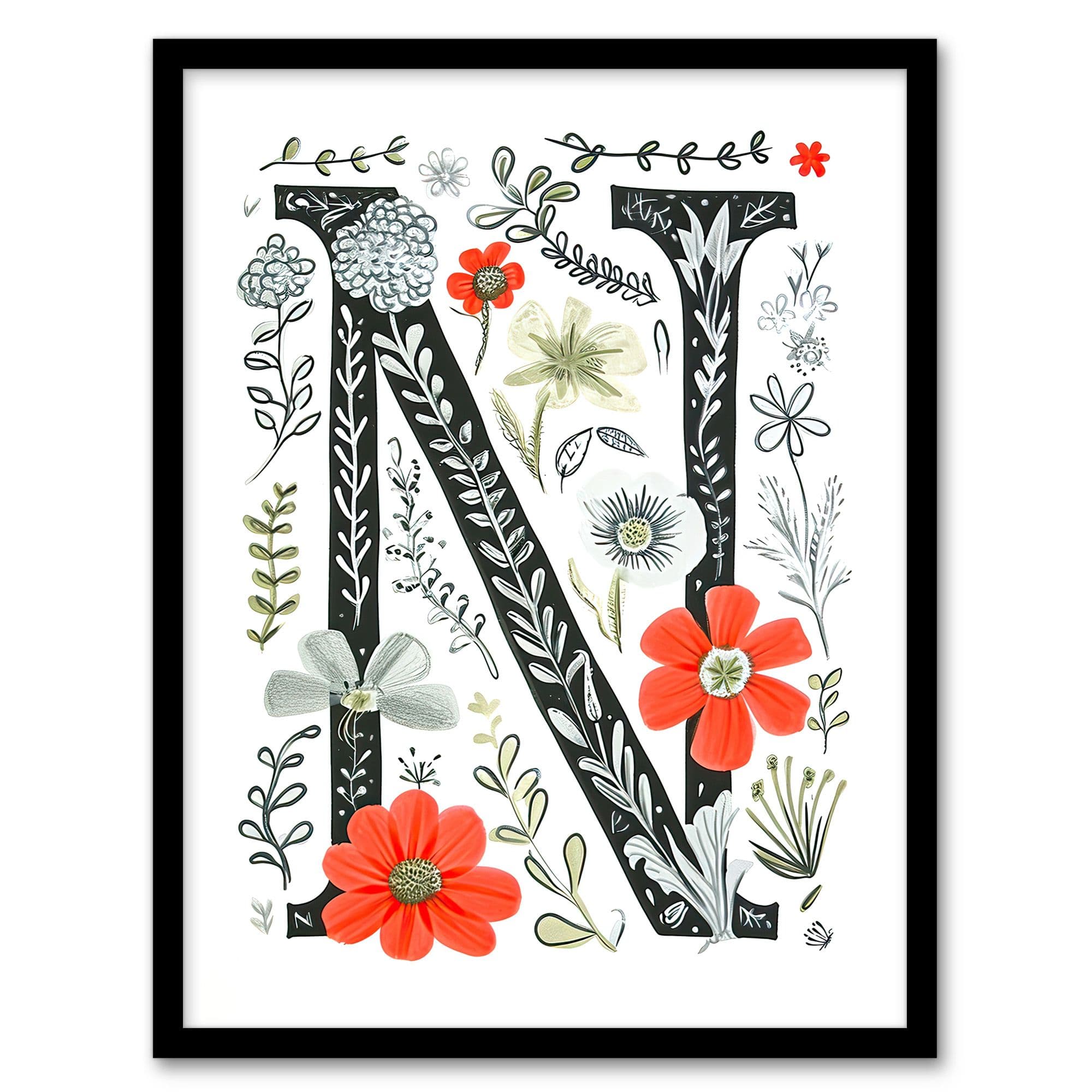Wall Art Print Letter N Poppies Wildflowers Pen Drawing Floral Word Art Framed W12" x H16"