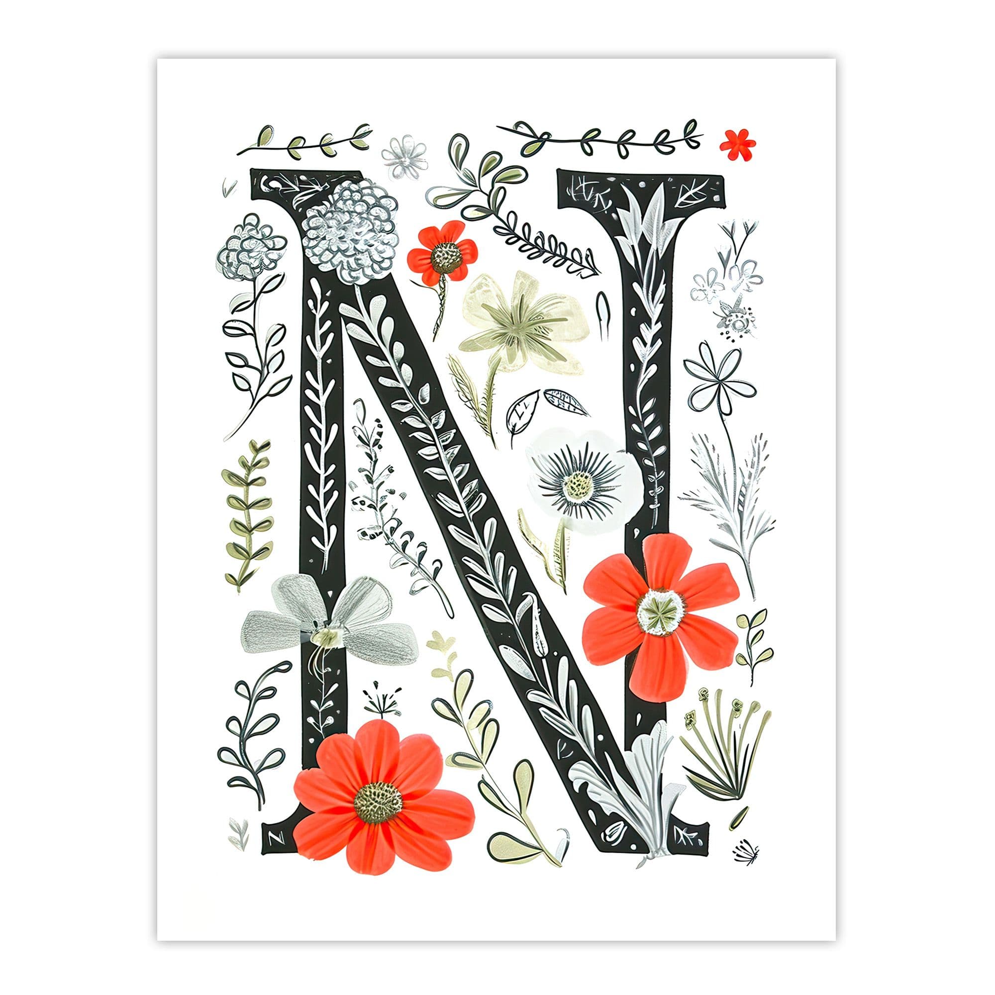 Wall Art Print Letter N Poppies Wildflowers Pen Drawing Floral Word Art Her Poster W12" x H16"