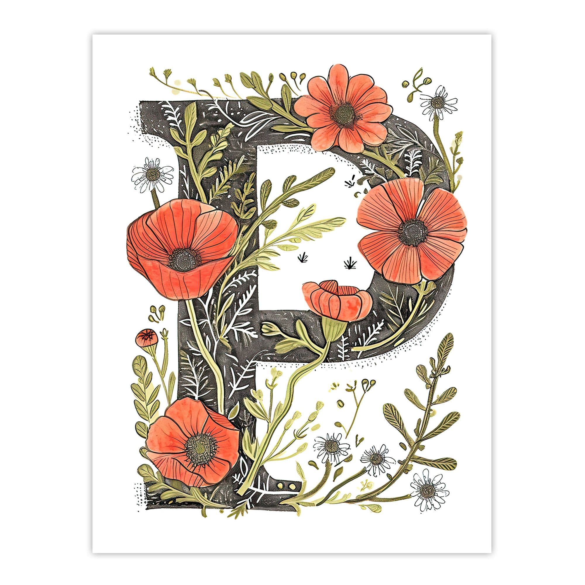 Artery8 Women's Wall Art Print Letter P for Poppy Bouquet Bloom Watercolour Rustic Floral Word Art For Her Poster | Size: W24" x H32"