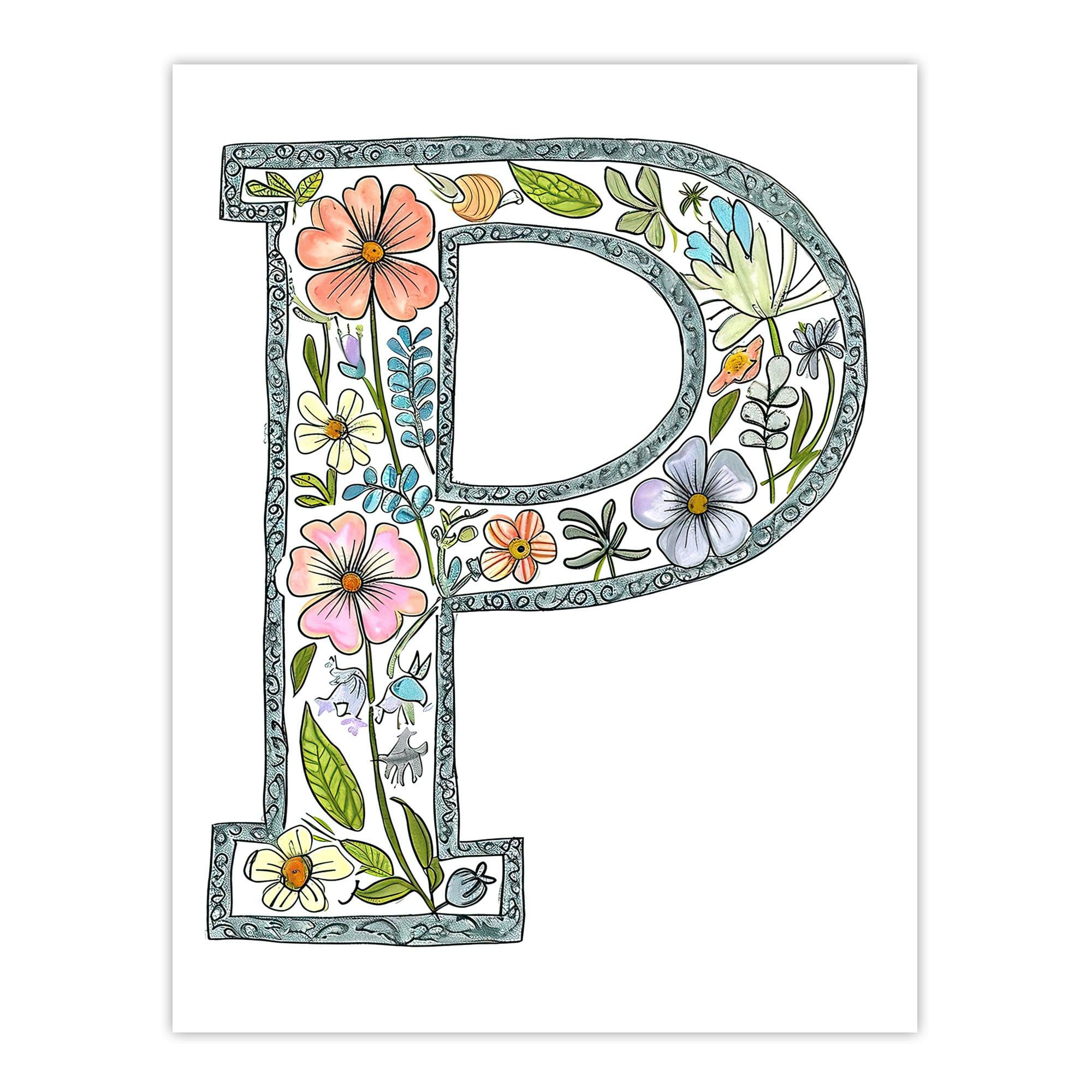 Artery8 Women's Wall Art Print Letter P in Flowers Pencil Drawing Spring Bouquet Floral Word Art For Her Poster | Size: W24" x H32"