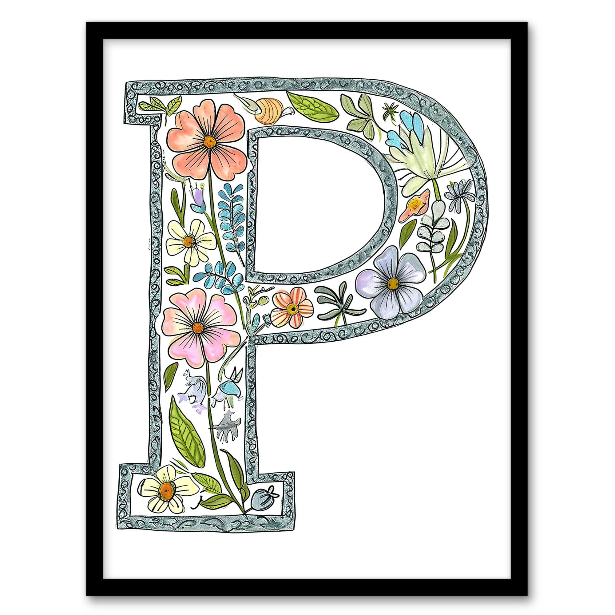 Artery8 Women's Wall Art Print Letter P in Flowers Pencil Drawing Spring Bouquet Floral Word Art Framed | Size: A4