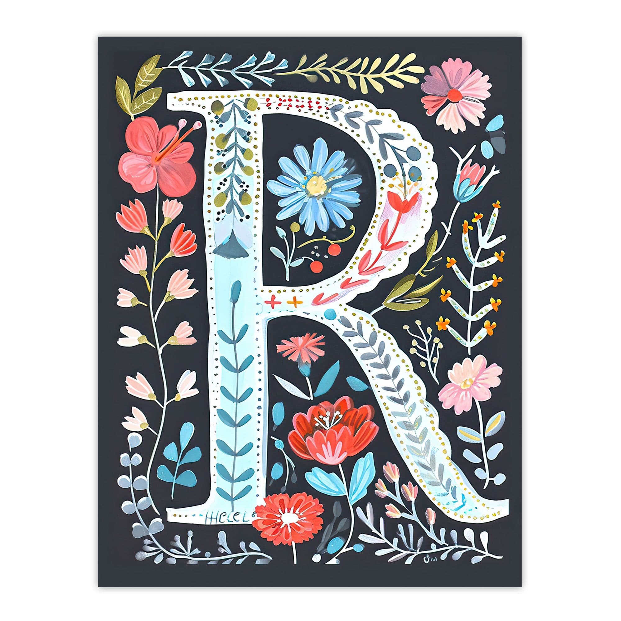 Artery8 Women's Wall Art Print Letter R in Bright Watercolour Flowers Cute Floral Word Art For Her Poster | Size: W18" x H24"