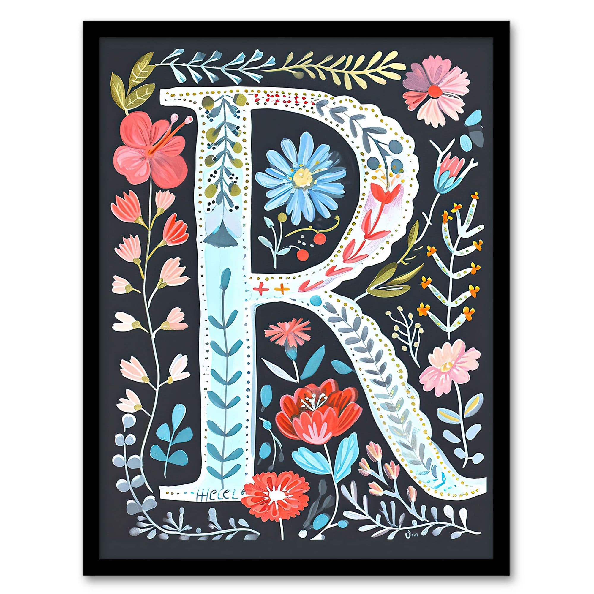 Artery8 Women's Wall Art Print Letter R in Bright Watercolour Flowers Cute Floral Word Art Framed | Size: W12" x H16"