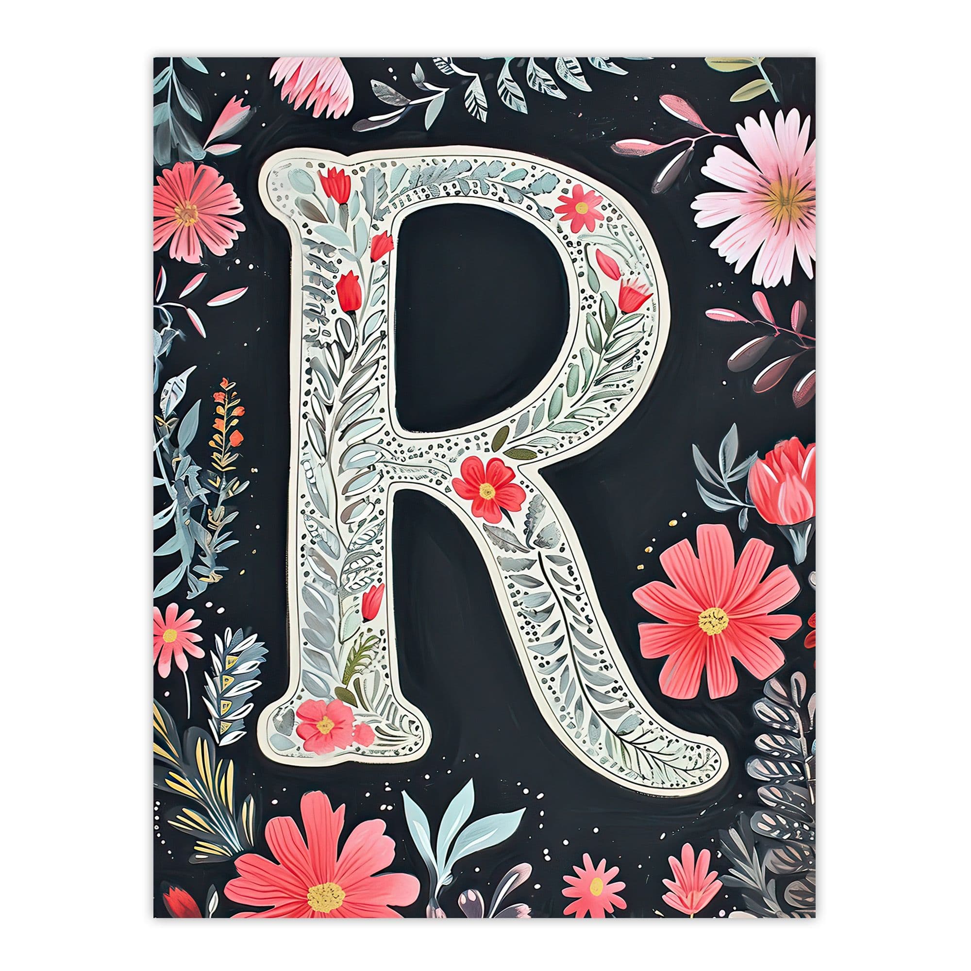Artery8 Women's Wall Art Print Letter R in Red Flowers Watercolour Bold Leaves Floral Word Art For Her Poster | Size: W24" x H32"