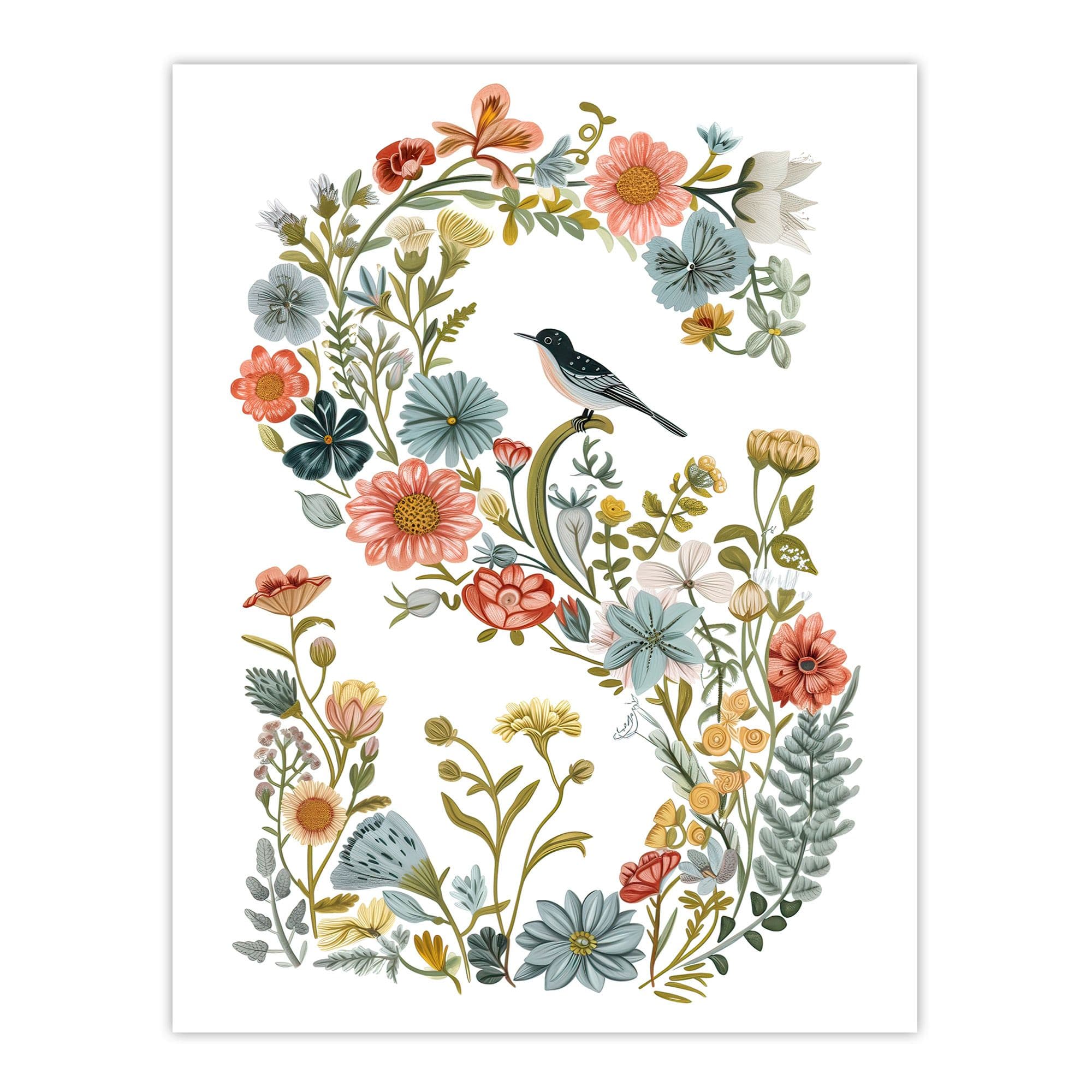 Wall Art Print Letter S Classic Wildflowers Bird Elegant Floral Word Art Her Poster W24" x H32"
