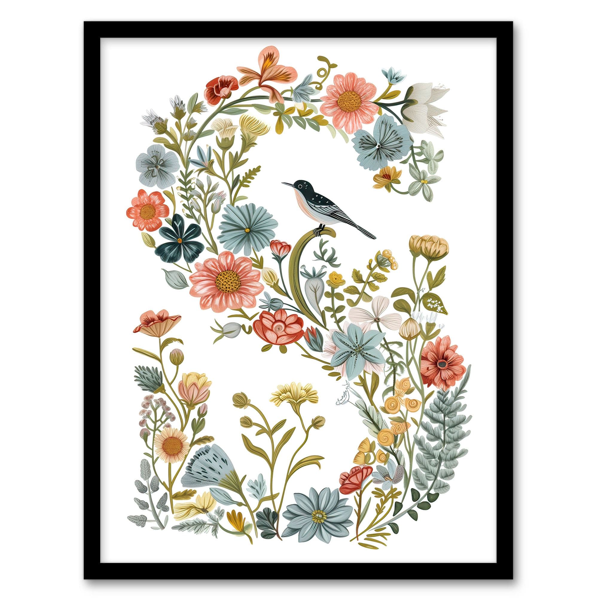 Artery8 Women's Wall Art Print Letter S in Classic Wildflowers with Bird Elegant Floral Word Art Framed | Size: W12" x H16"