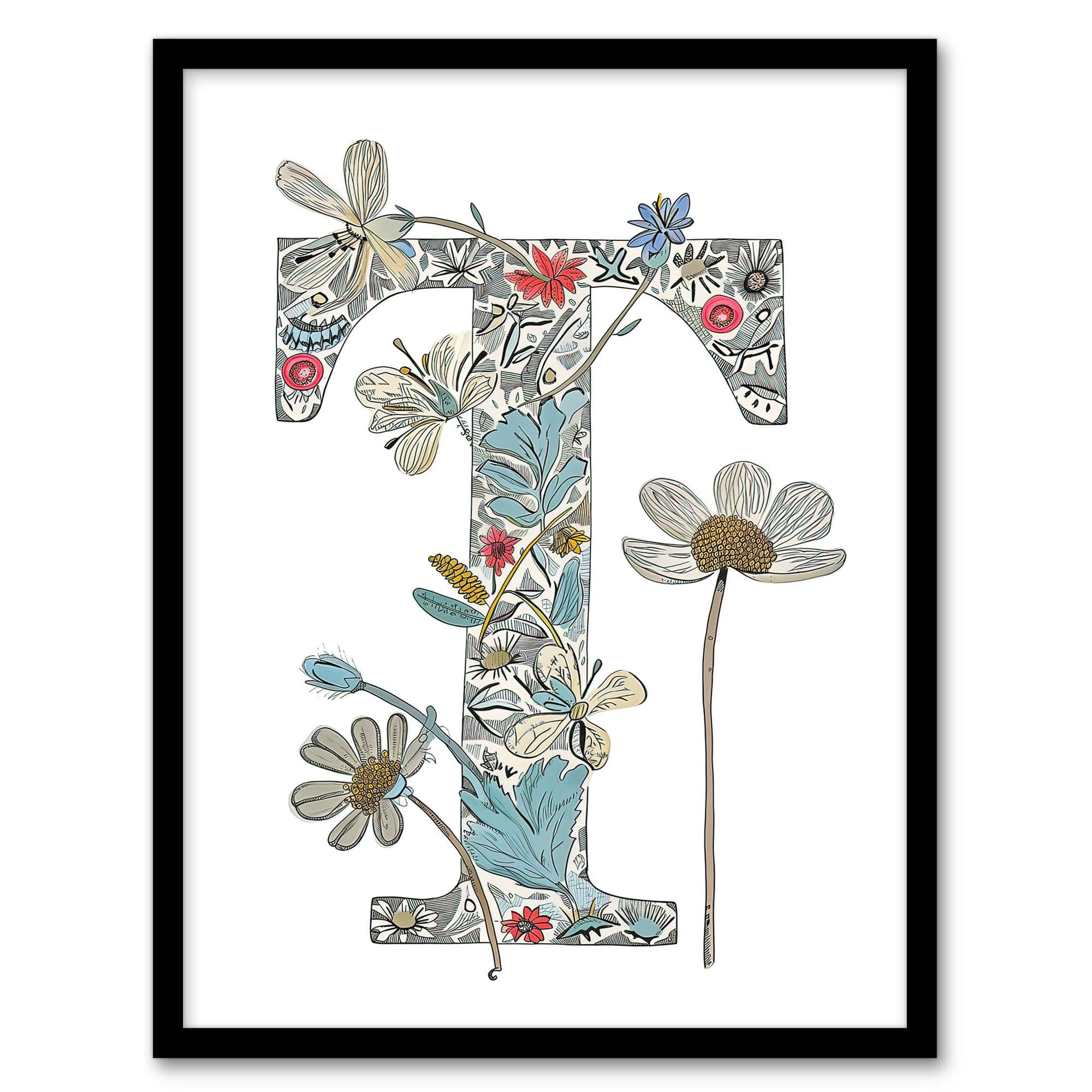 Wall Art Print Letter T Wildflowers Flowers Pretty Cute Floral Word Art Framed A4