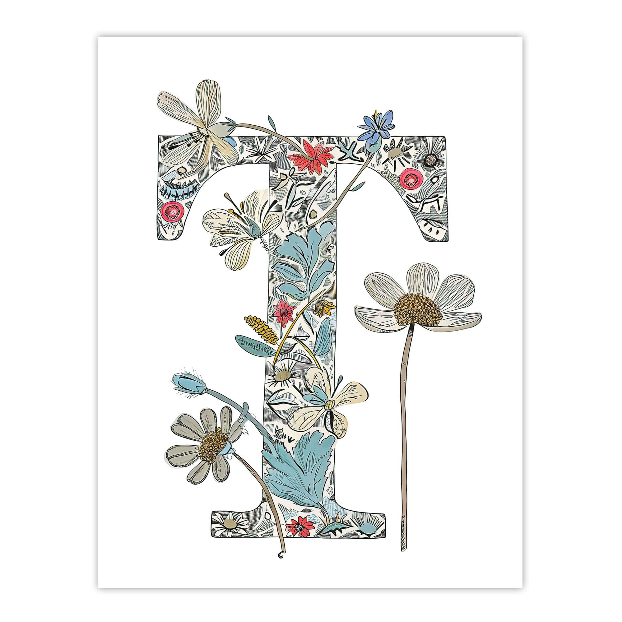 Artery8 Women's Wall Art Print Letter T in Wildflowers Flowers Pretty Cute Floral Word Art For Her Poster | Size: W12" x H16"