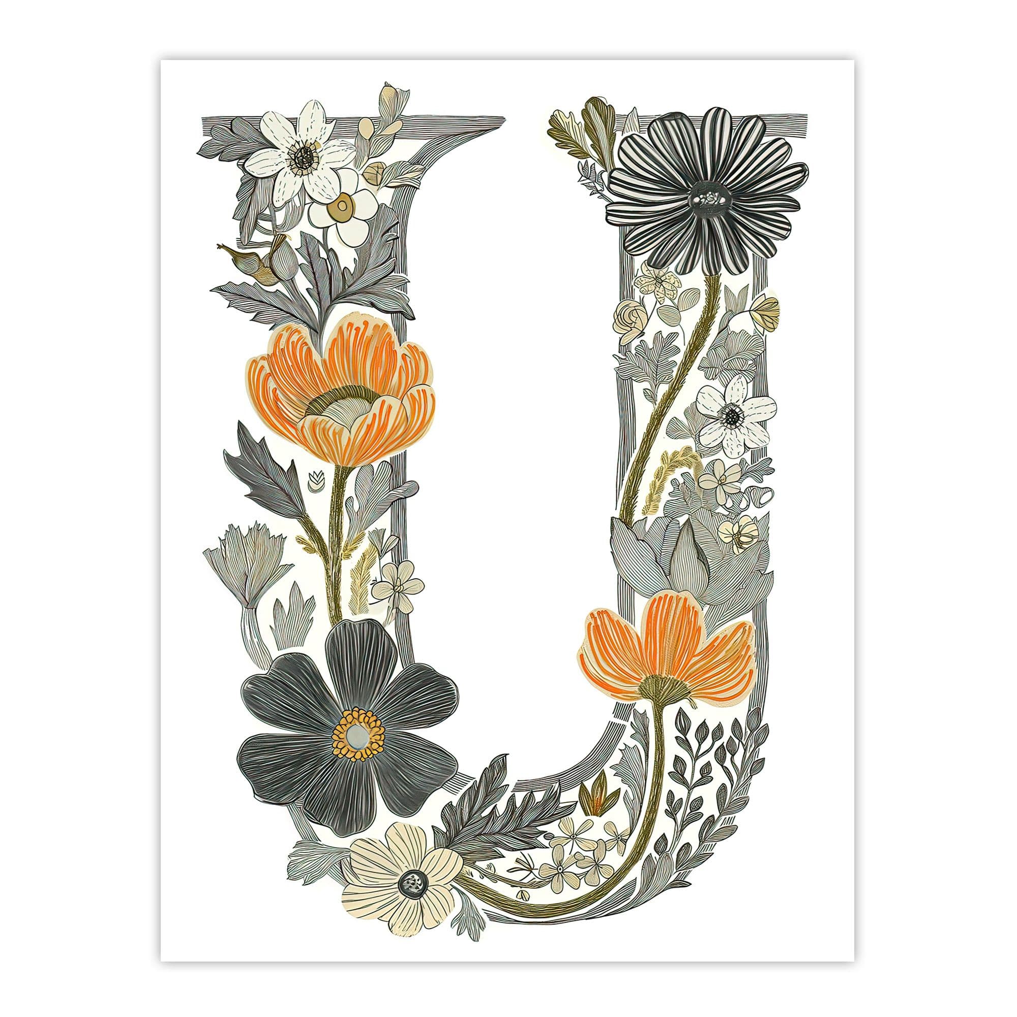 Artery8 Women's Wall Art Print Letter U in Wildflowers Line Drawing Red Delicate Floral Word Art For Her Poster | Size: W12" x H16"