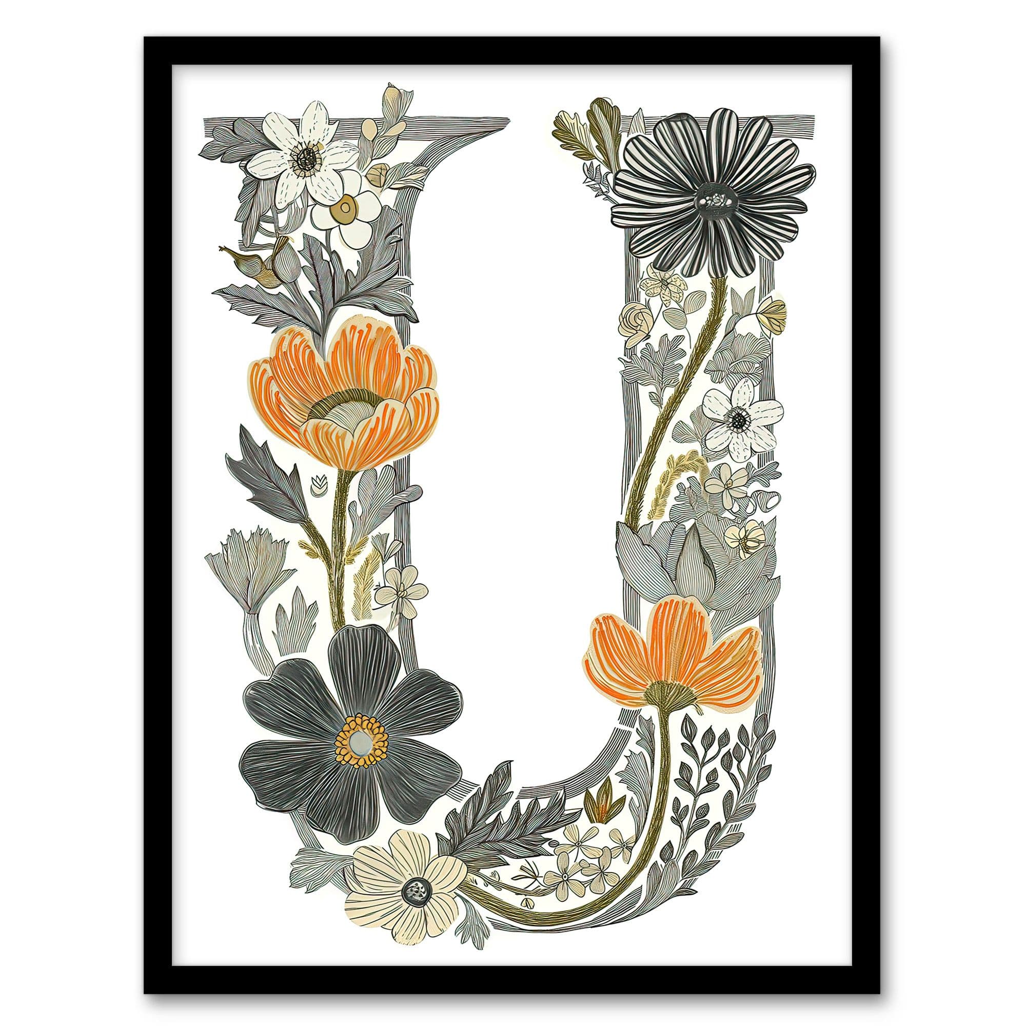 Wall Art Print Letter U Wildflowers Line Drawing Delicate Floral Word Art Framed A4