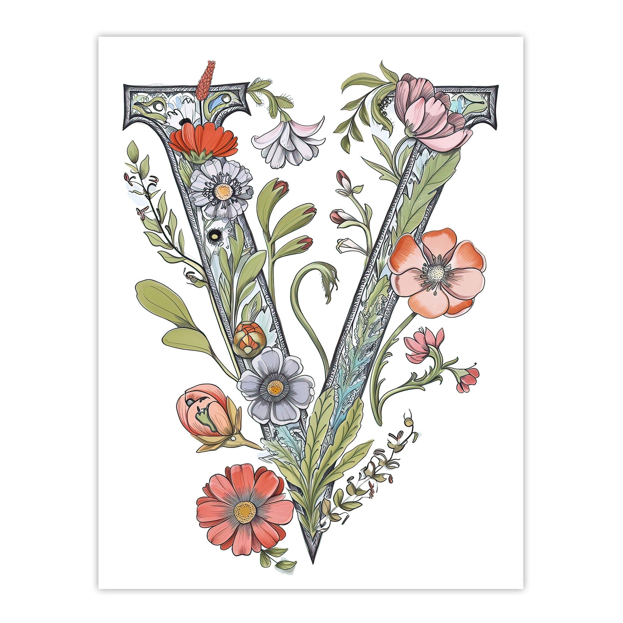 Wall Art Print Letter V Classic Watercolour Wildflowers Elegant Floral Word Art Her Poster W12" x H16"