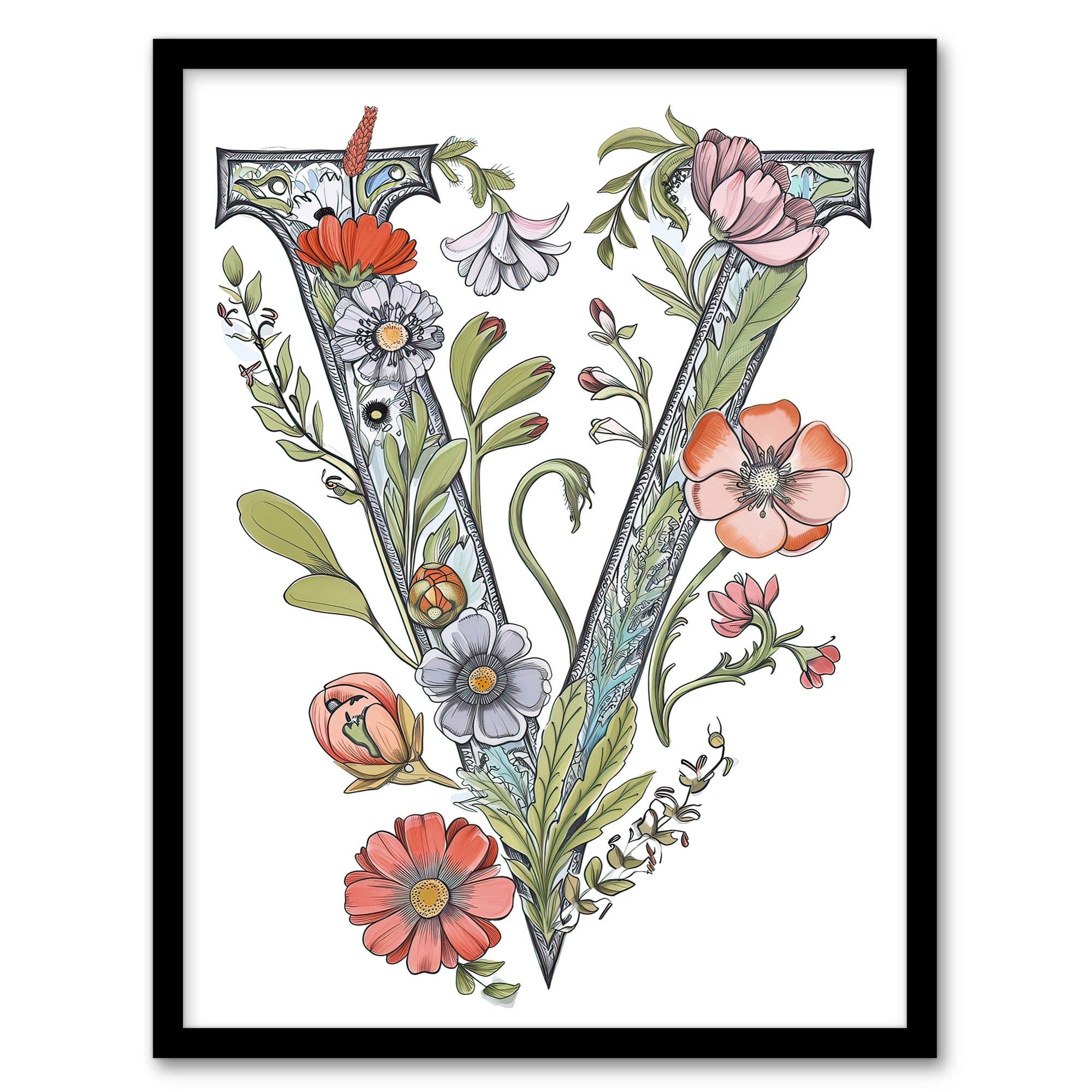 Artery8 Women's Wall Art Print Letter V Classic Watercolour Wildflowers Elegant Floral Word Art Framed | Size: W12" x H16"