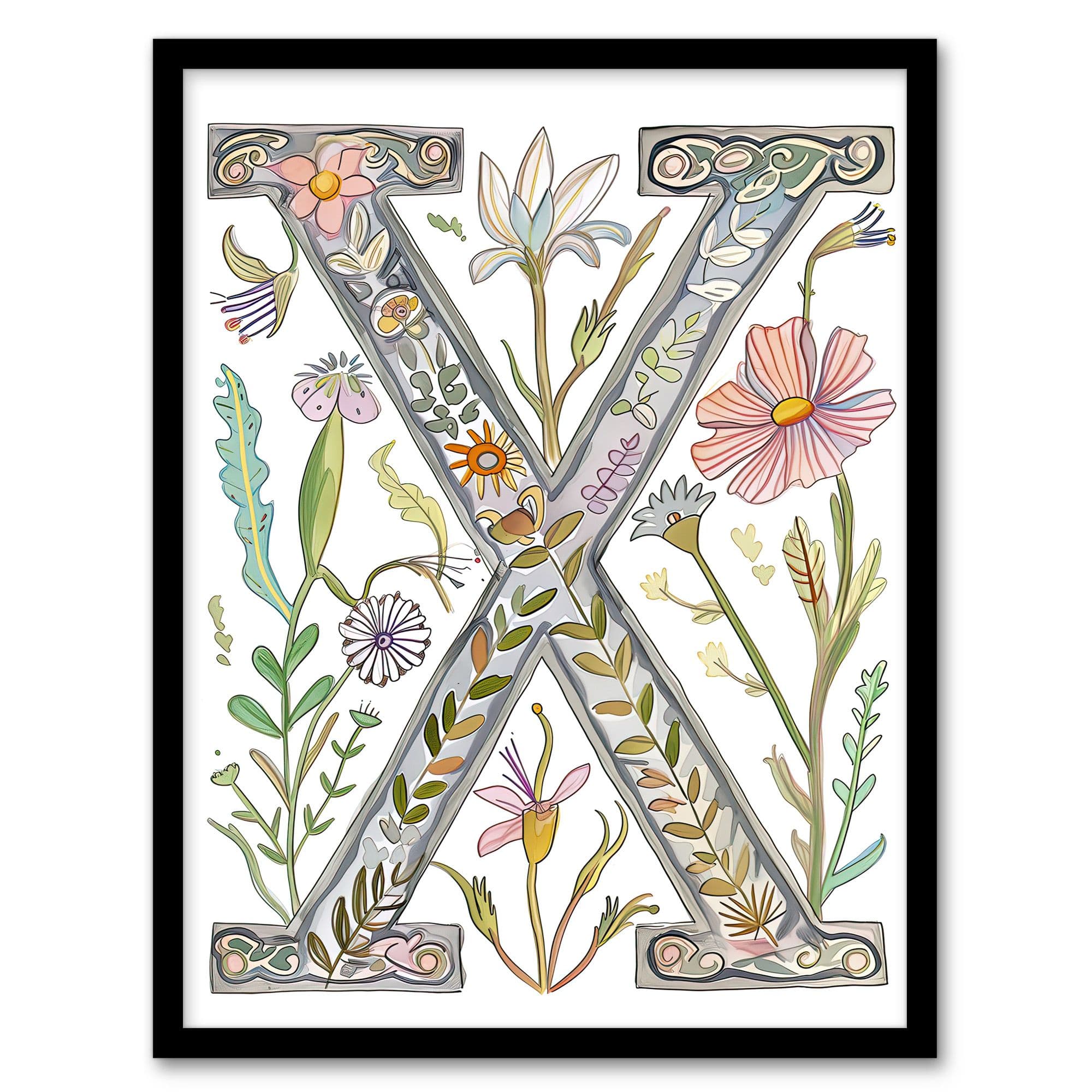 Artery8 Women's Wall Art Print Letter X in Watercolour Wildflower Garden Rustic Floral Word Art Framed | Size: A4