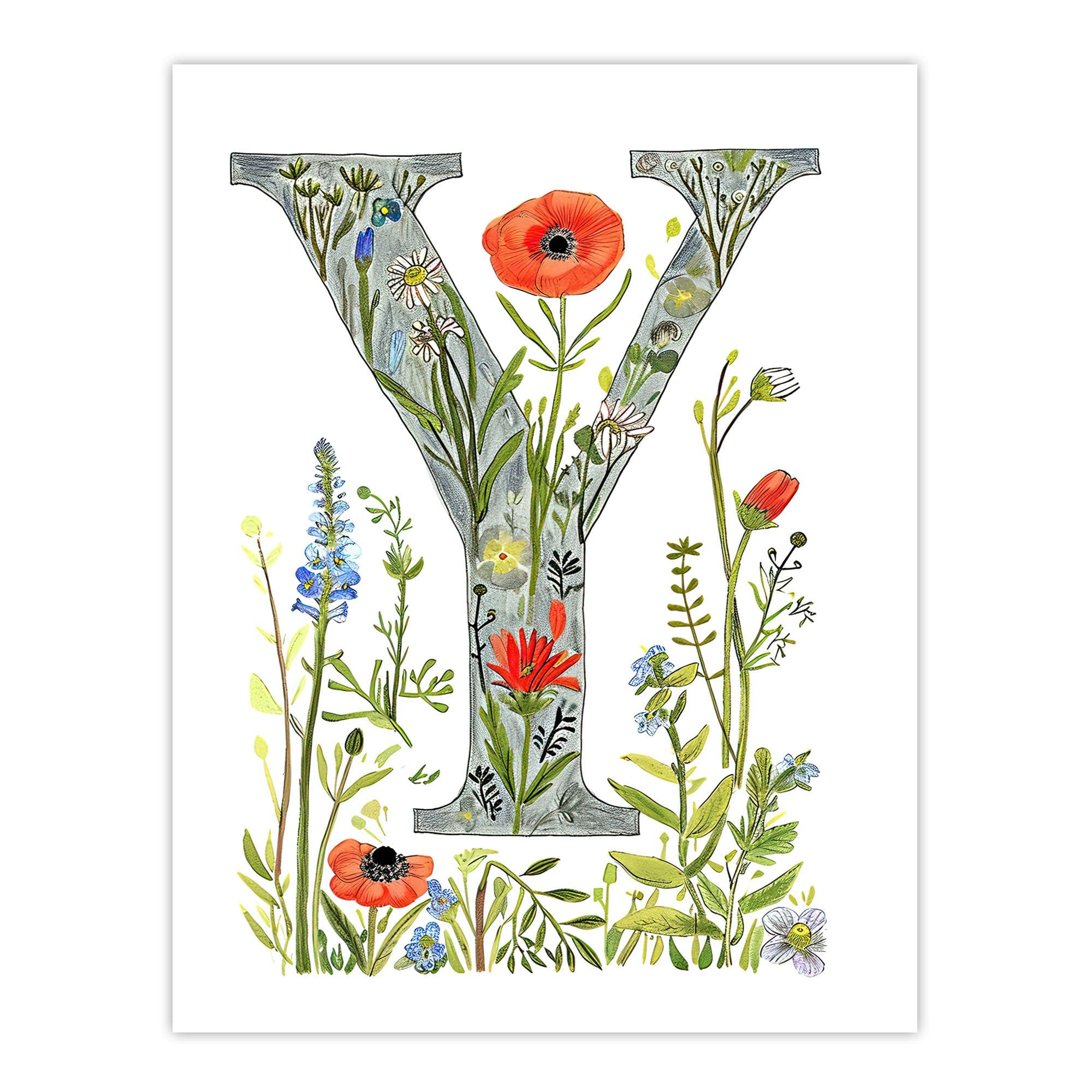 Artery8 Women's Wall Art Print Letter Y in Watercolour & Pencil Poppy Garden Floral Word Art For Her Poster | Size: W24" x H32"