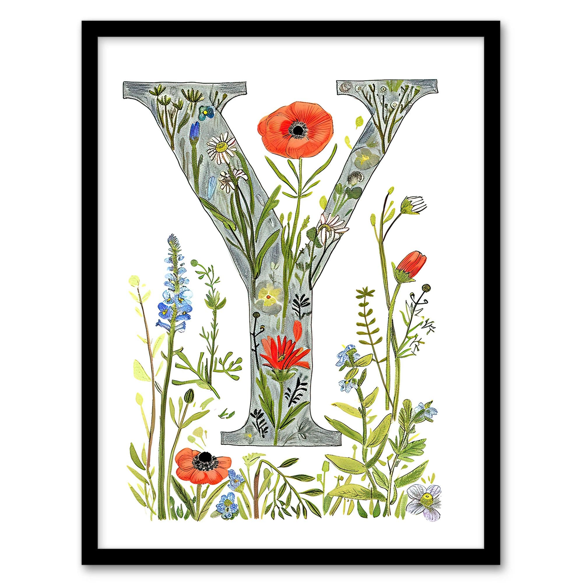 Wall Art Print Letter Y Watercolour & Pencil Poppy Garden Floral Word Art Framed A4