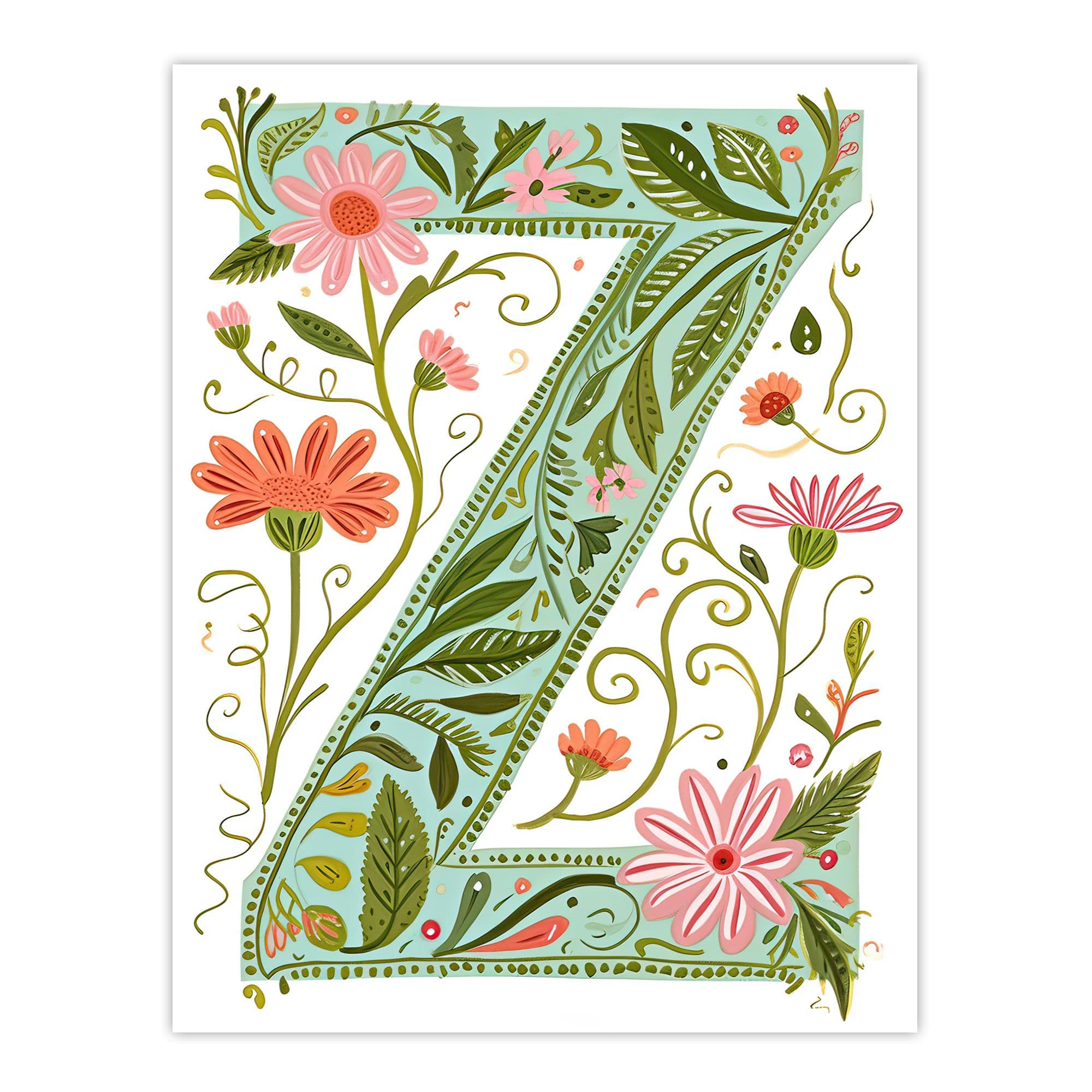 Artery8 Women's Wall Art Print Letter Z in Bright Watercolour Pretty Wildflowers Floral Word Art For Her Poster | Size: W24" x H32"