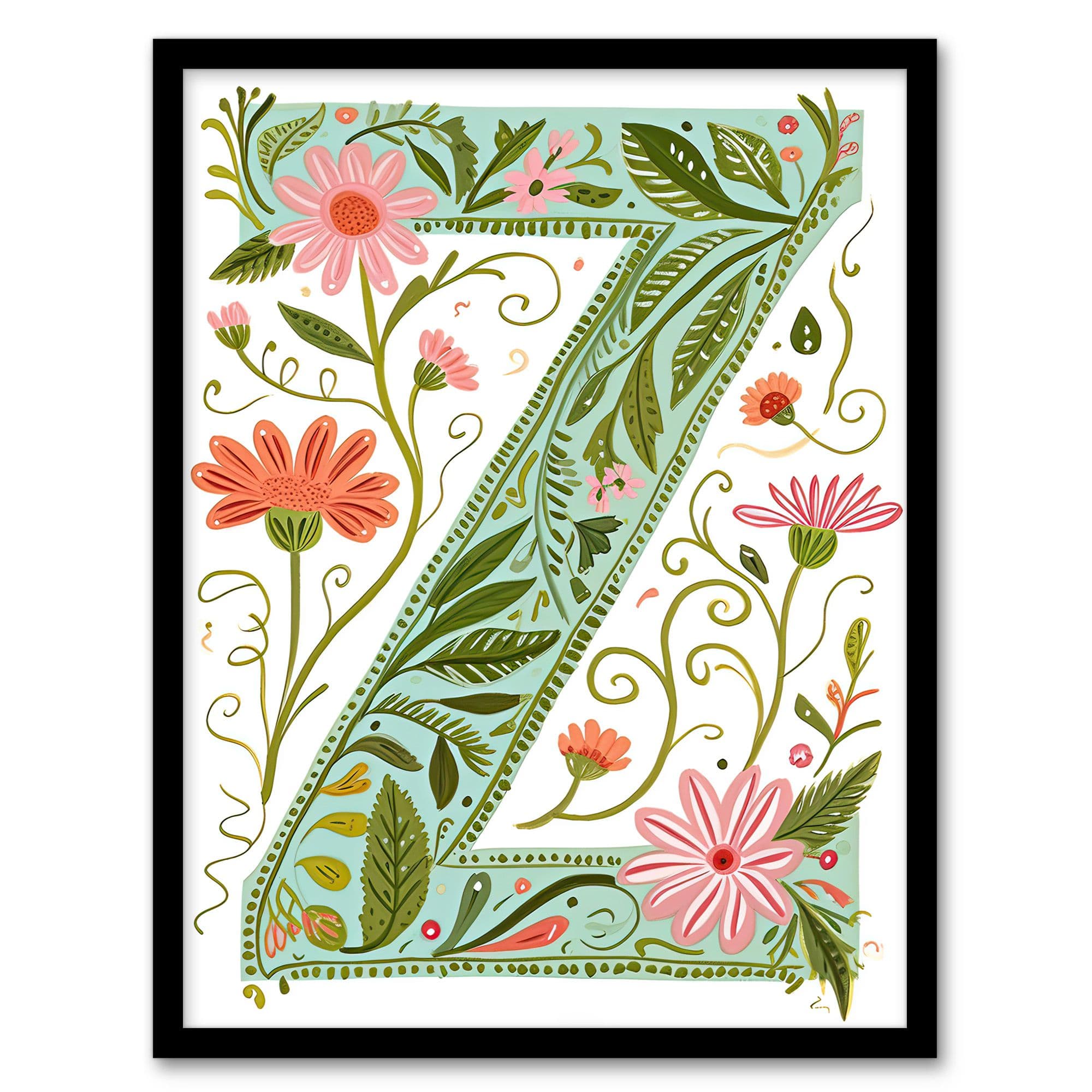 Wall Art Print Letter Z Bright Watercolour Pretty Wildflowers Floral Word Art Framed W12" x H16"