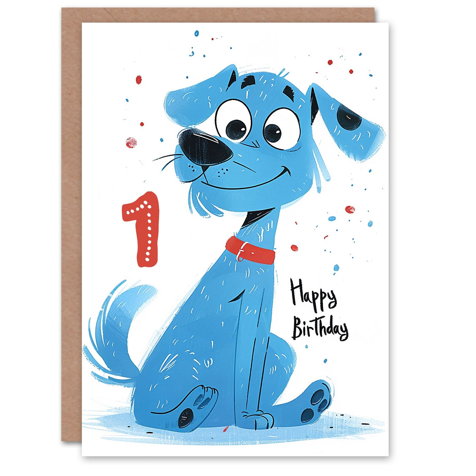 Artery8 Birthday Card Blue Dog Lover Puppy Cartoon Cute 1st First One Year Old For Child Kids Son Daughter Greeting Card