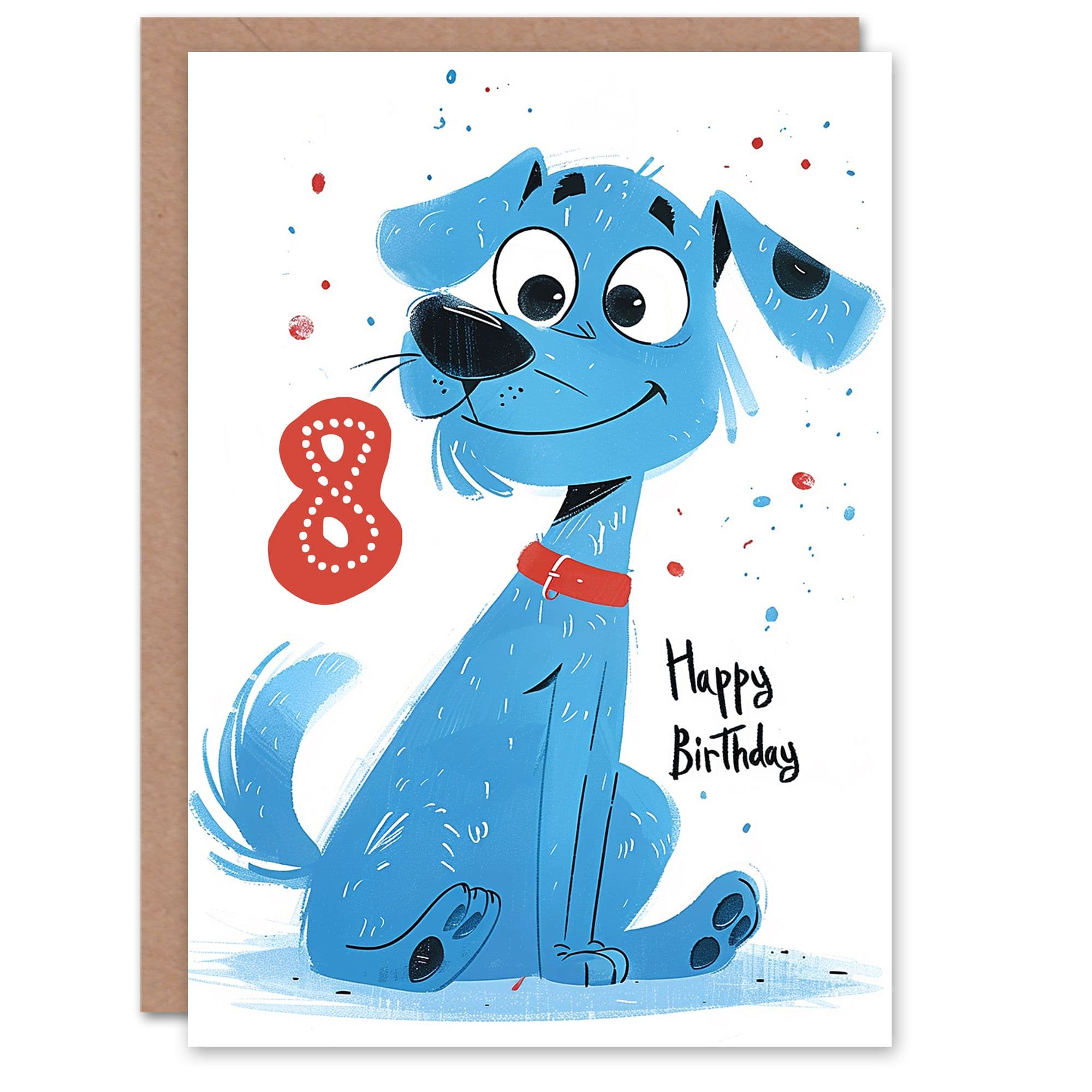 Artery8 Birthday Card Blue Dog Lover Puppy Cartoon Cute 8th 8 Year Old For Child Kids Son Daughter Greeting Card