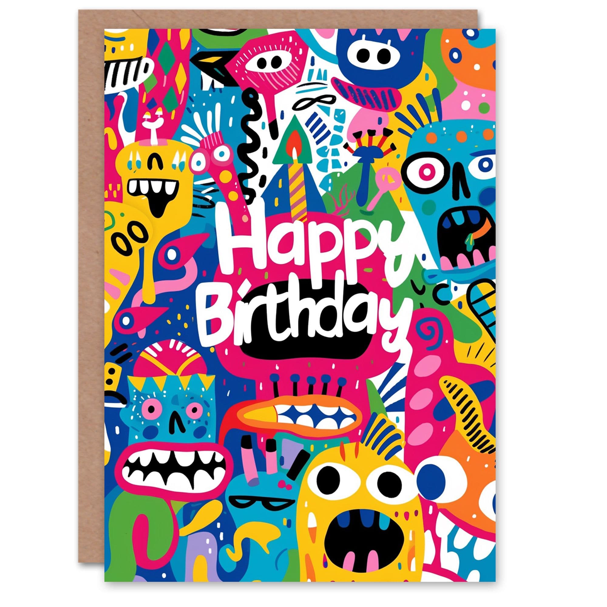 Birthday Card Colourful Monsters Party Cartoon Fun Son Daughter Greeting Card
