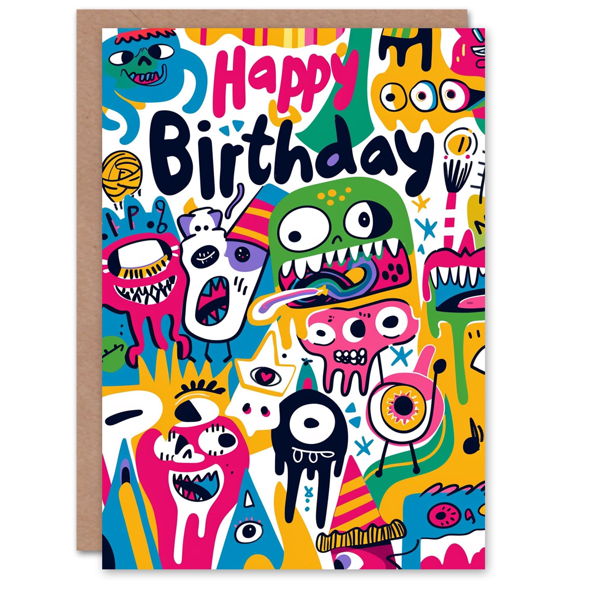 Artery8 Birthday Card Fun Colourful Monsters Party Cartoon For Child Kids Son Daughter Greeting Card