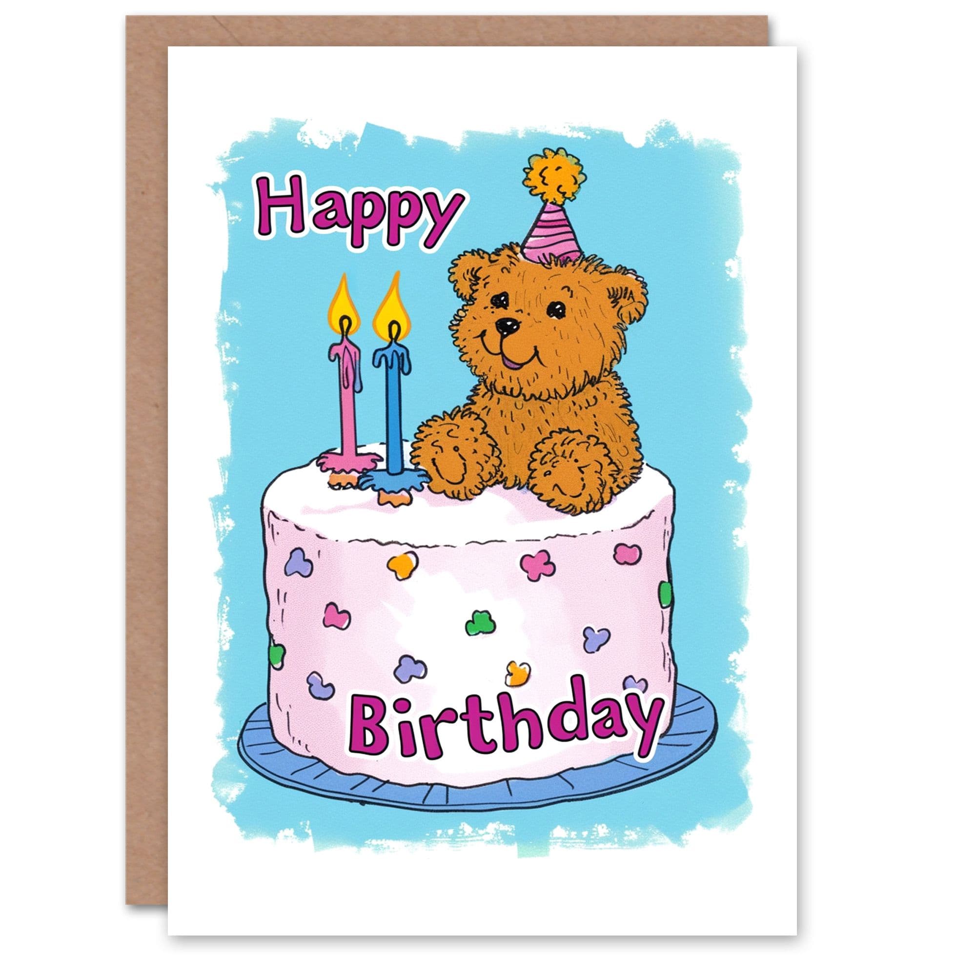 Birthday Card Teddy Bear Cake Party Hat Cute Cartoon Son Daughter Greeting Card