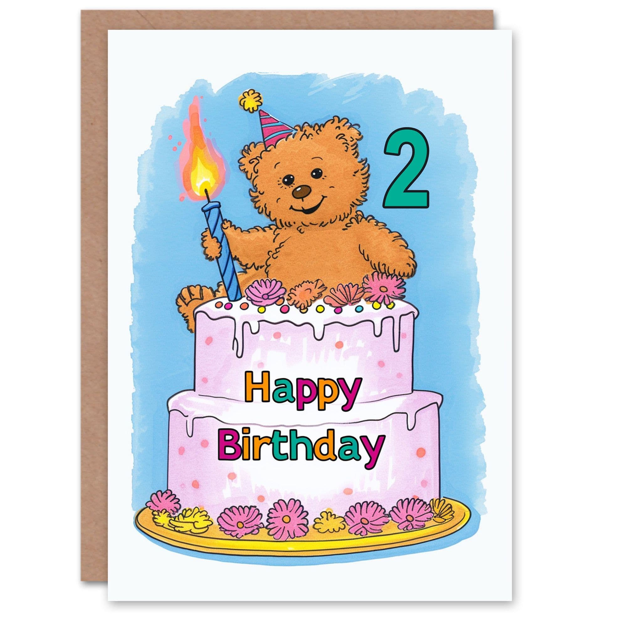 Artery8 Birthday Card Teddy Bear Cake Party Hat Cartoon Cute 2nd 2 Year Old For Child Kids Son Daughter Greeting Card