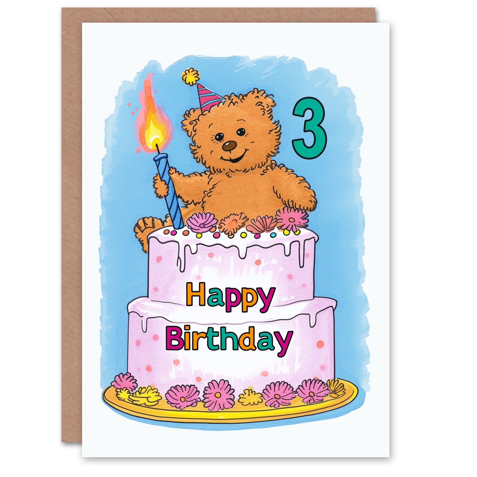 Birthday Card Teddy Bear Cake Party Hat Cartoon Cute 3rd Old Son Daughter Greeting Card